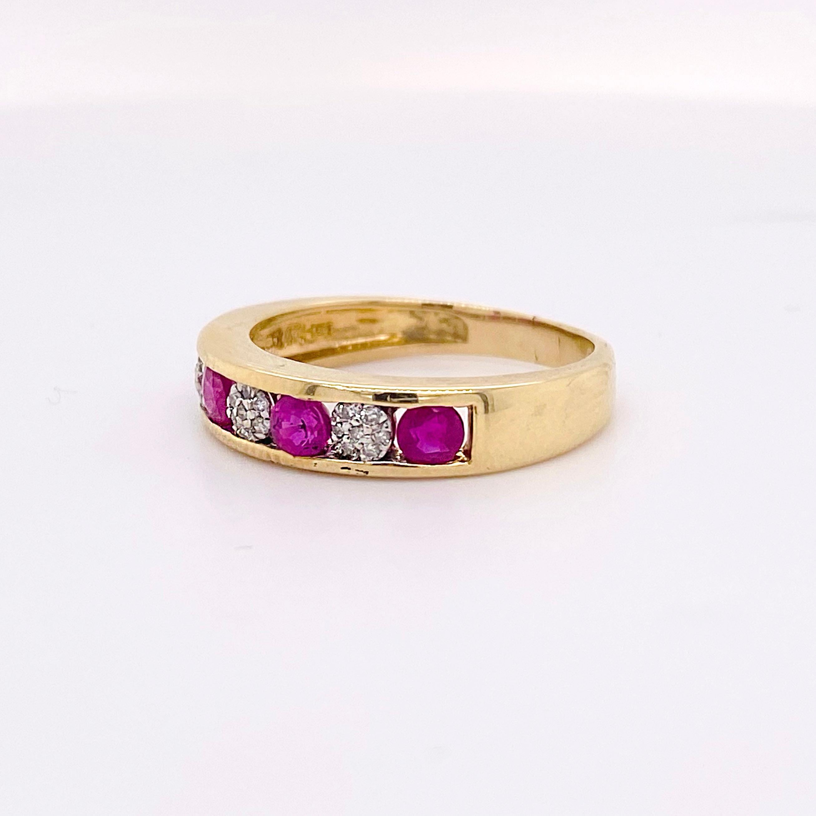 Round Cut Ruby Diamond Ring, Yellow Gold, Natural Ruby and Diamond Channel Set For Sale