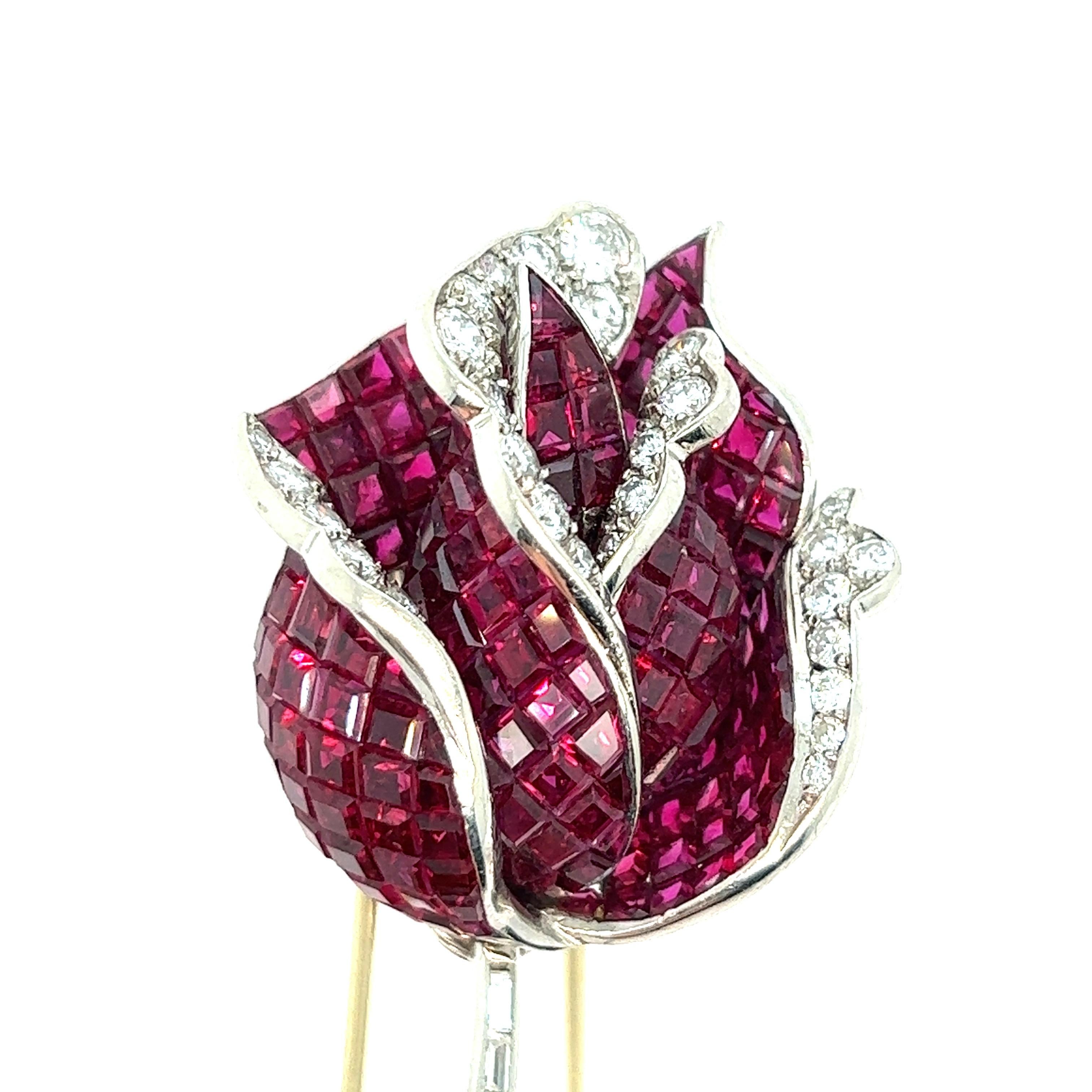Mixed Cut Ruby Diamond Rose Brooch For Sale