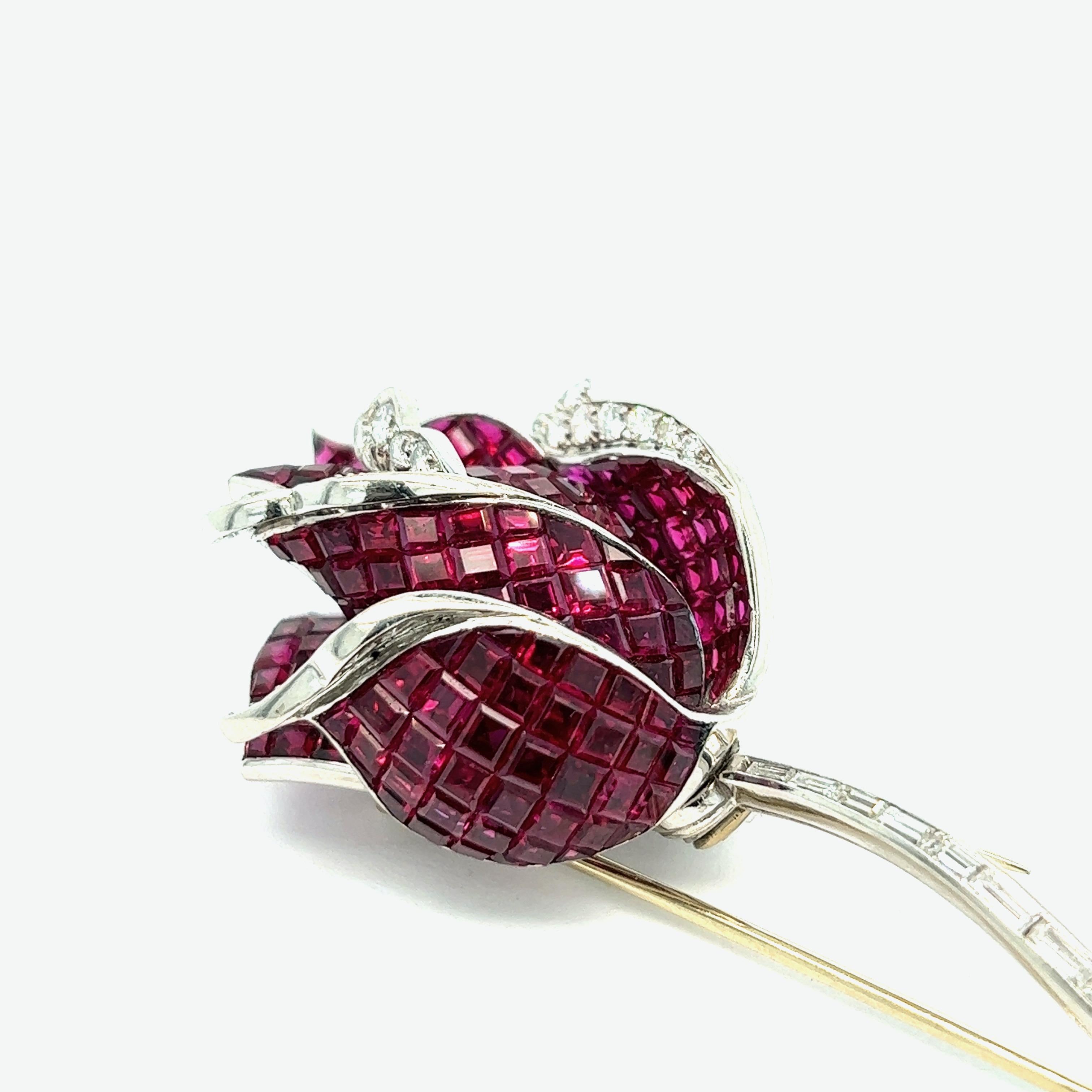 Women's or Men's Ruby Diamond Rose Brooch For Sale