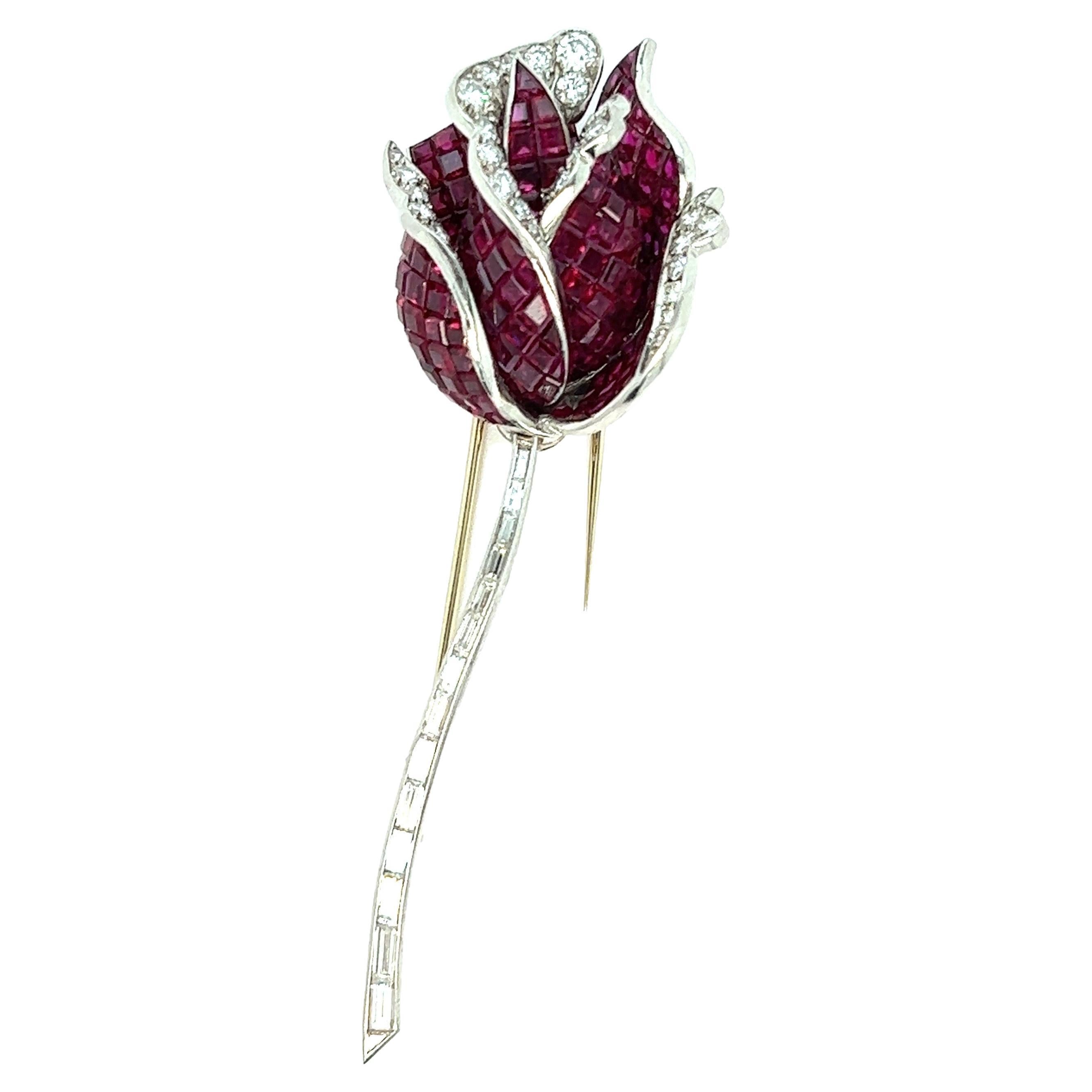 Ruby Diamond Rose Brooch For Sale