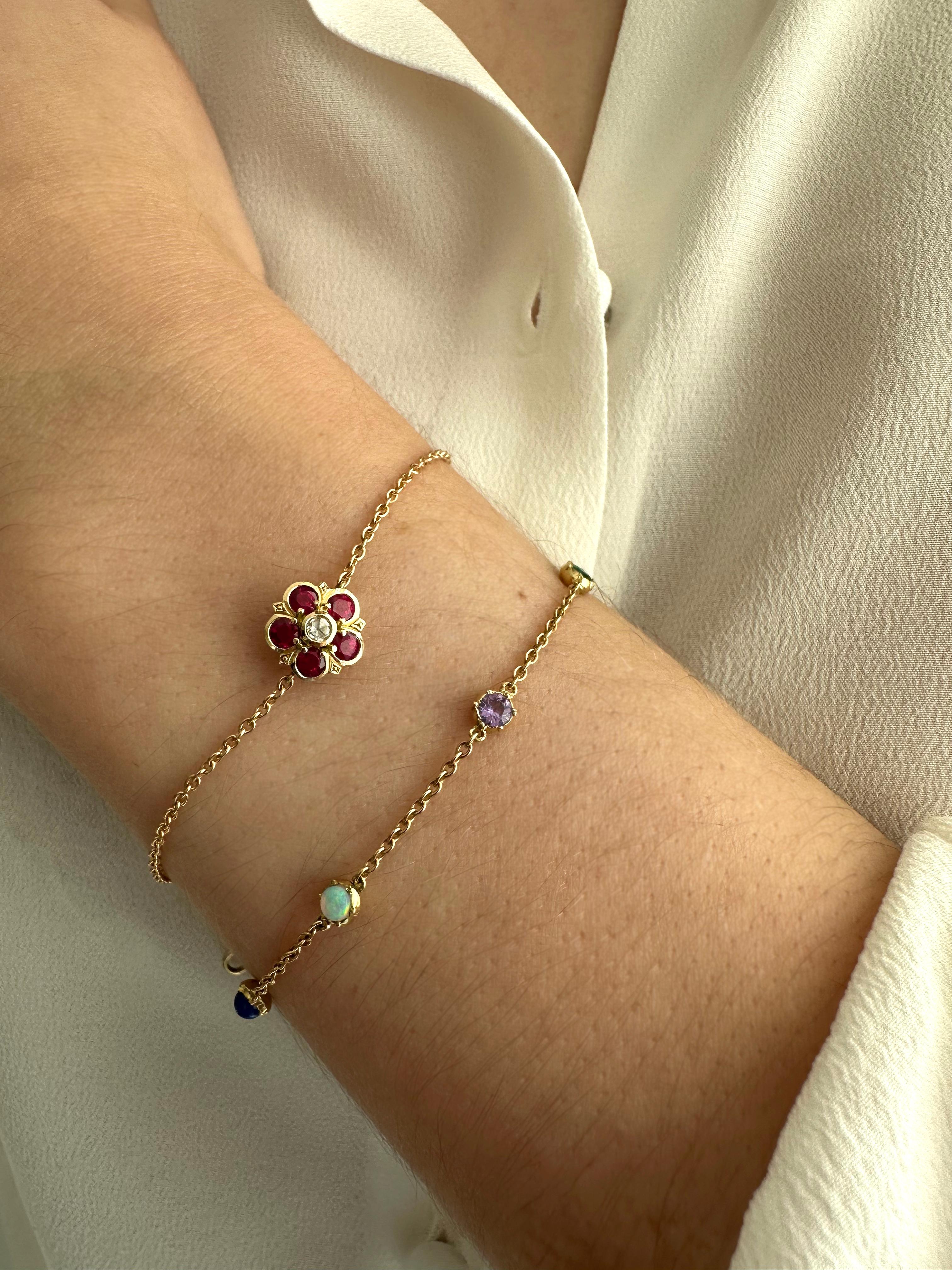 Tudor Ruby and Diamond Rose Floral Yellow Gold Chain Bracelet