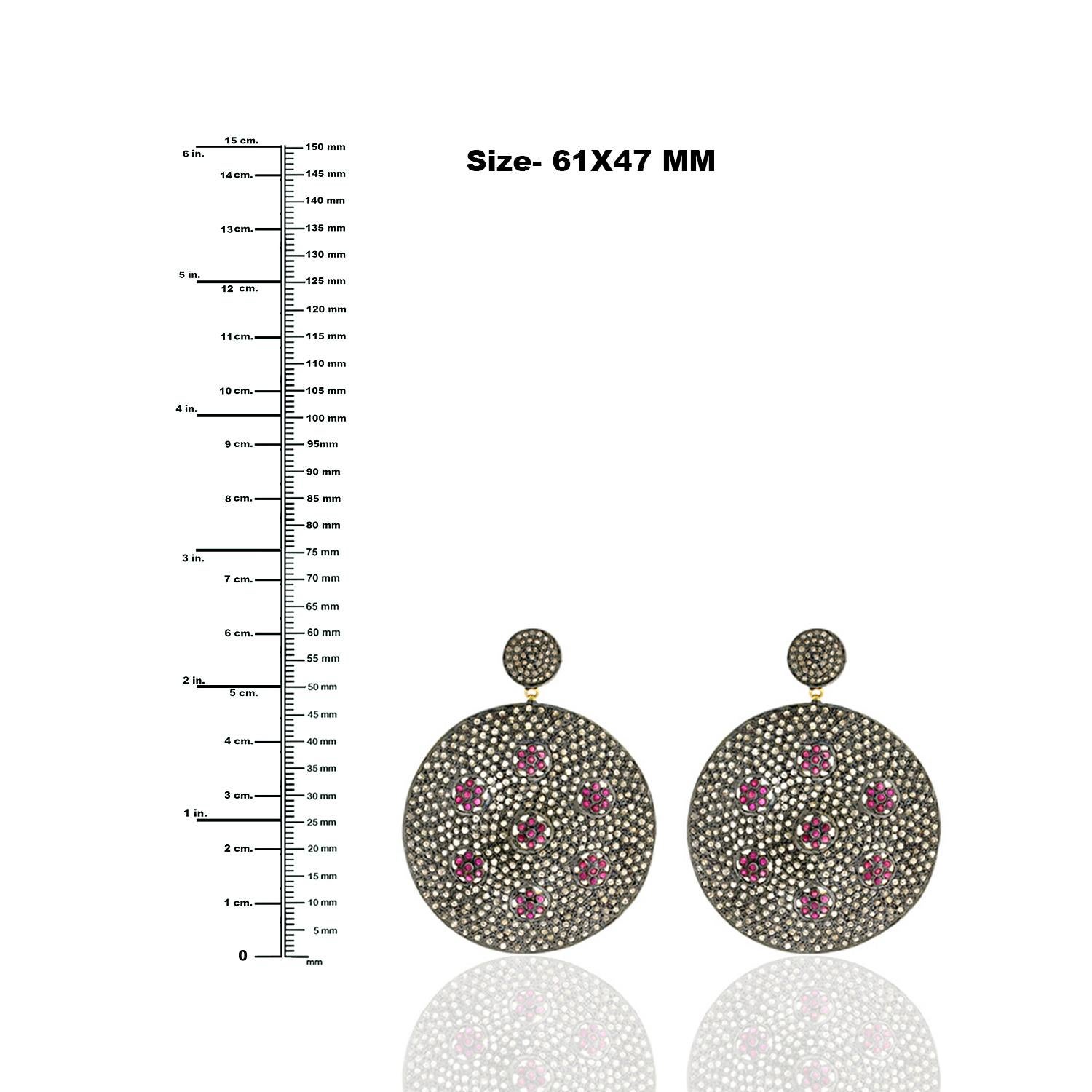De las mujeres Pendientes colgantes redondos de rubí y diamante de oro de 14k y plata en venta
