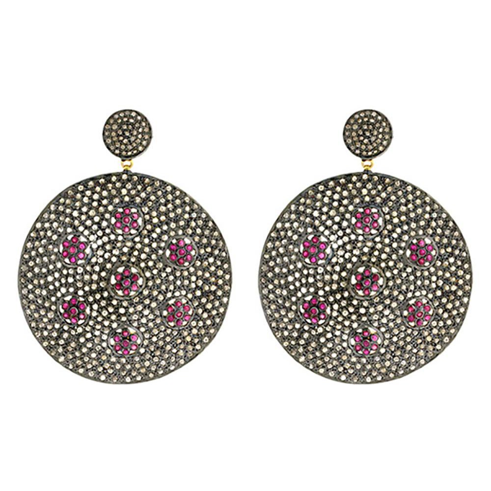 Boucles d'oreilles pendantes en or et argent 14k avec rubis et diamants de forme ronde
