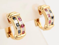 Ruby, Diamond, Sapphire Half Hoop Gold Earrings