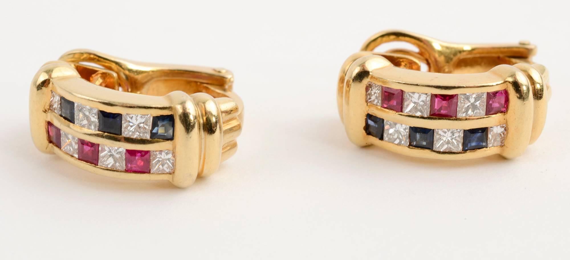 Modern Ruby, Diamond, Sapphire Half Hoop Gold Earrings For Sale