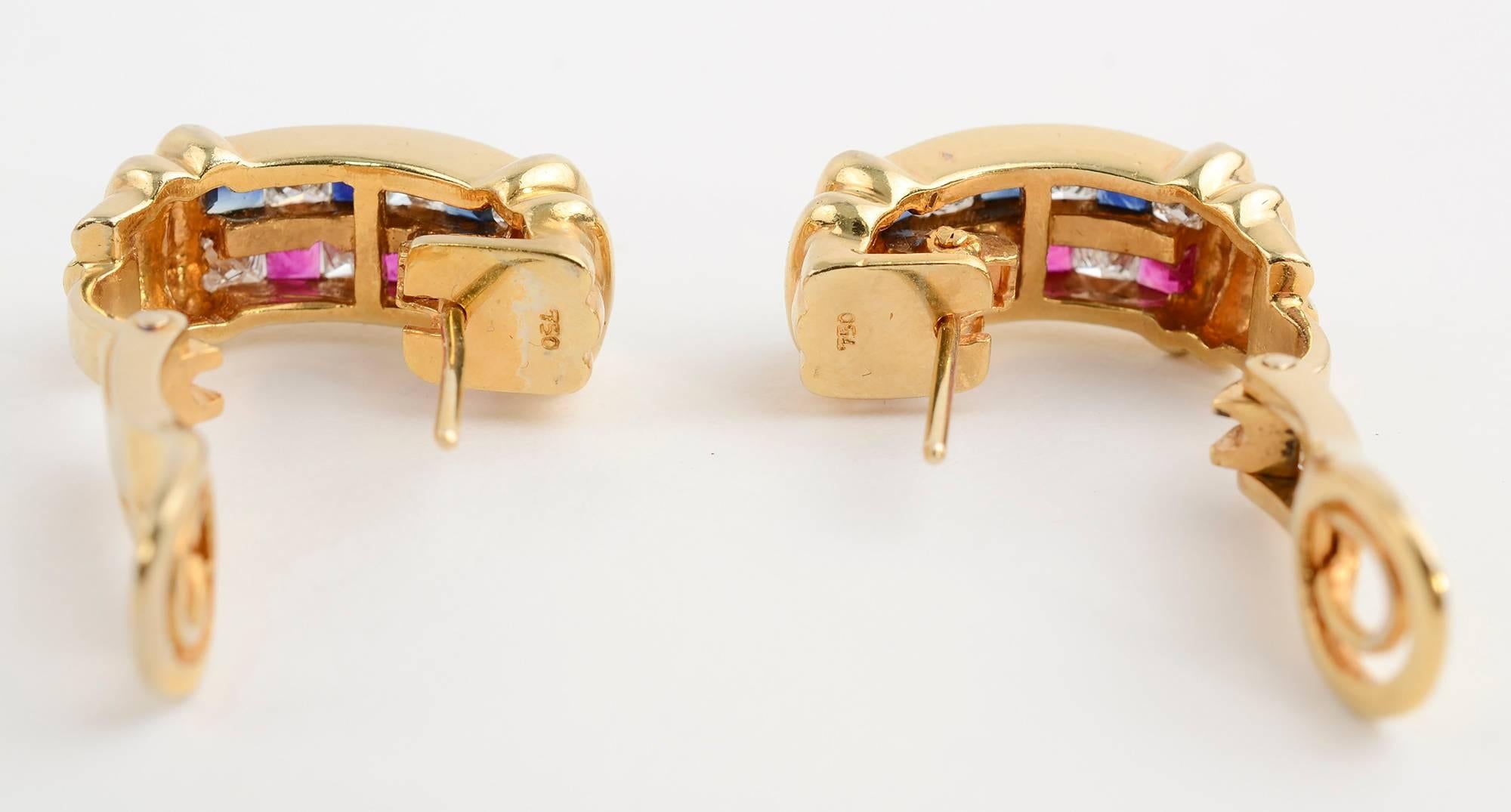 Ruby, Diamond, Sapphire Half Hoop Gold Earrings In Excellent Condition For Sale In Darnestown, MD