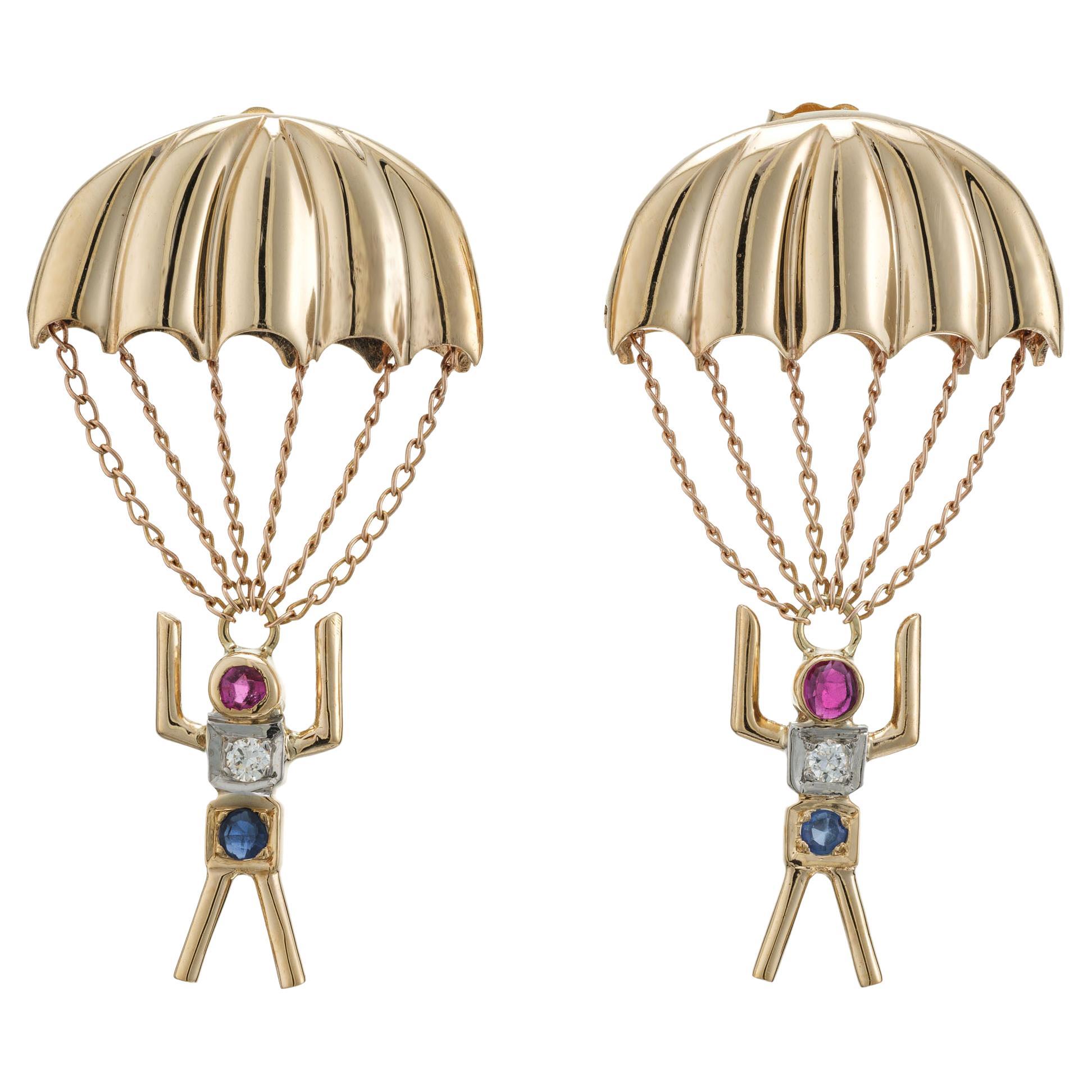Ruby Diamond Sapphire Yellow Roe Gold Parachute Dangle Earrings