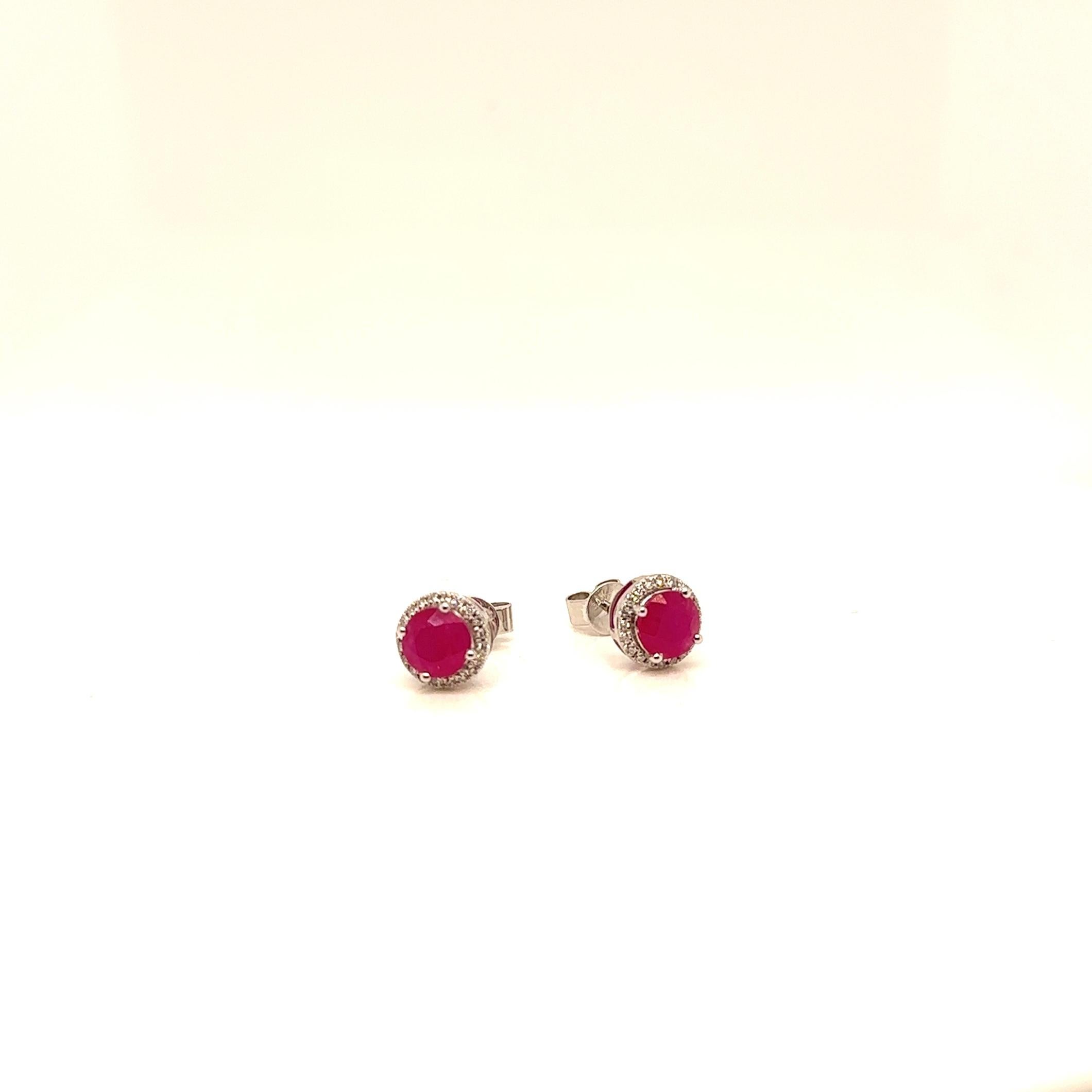 Round Cut 6MM Rd, Ruby Diamond set in 14K White Gold Earrings For Sale