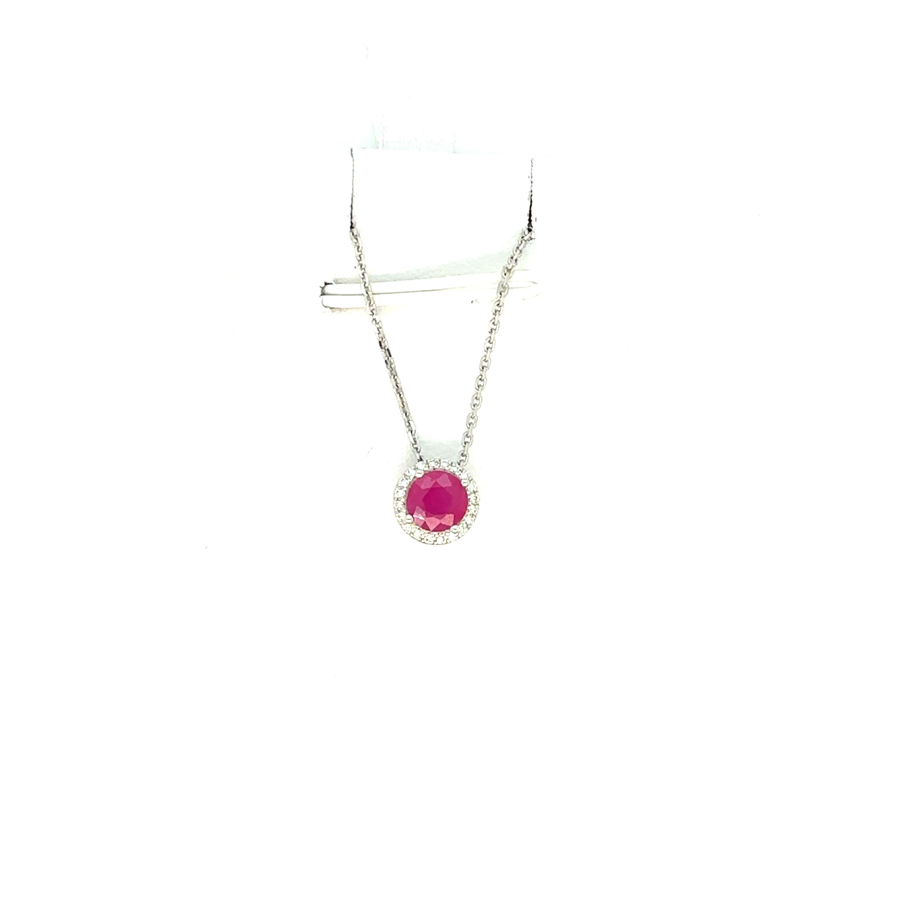 Round Cut Ruby Diamond set in 14K White Gold Pendant For Sale
