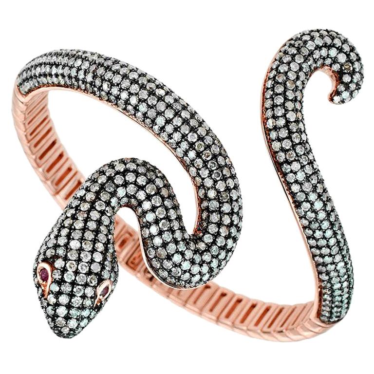 Ruby Diamond Snake Rose Gold Bangle Bracelet Cuff For Sale