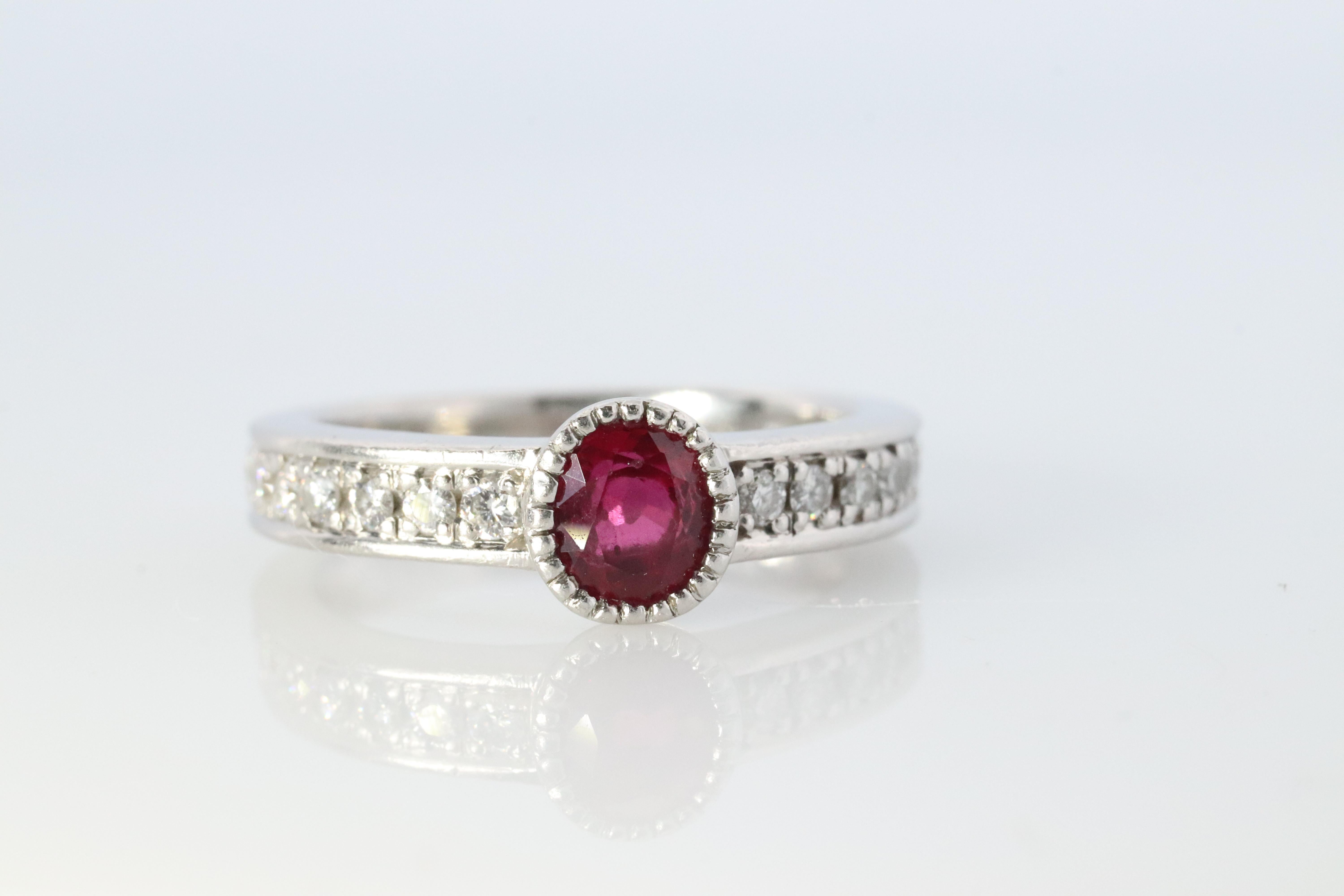 Modern Ruby Diamond Solitaire ring. Platinum PT900 Genuine Ruby Diamond Eternity band. For Sale