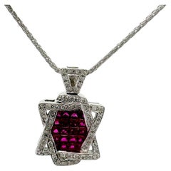 Ruby Diamond Star of David 18k White Gold Pendant