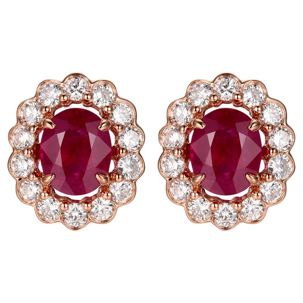 Ruby Diamond Stud Earring in 18K Rose Gold For Sale