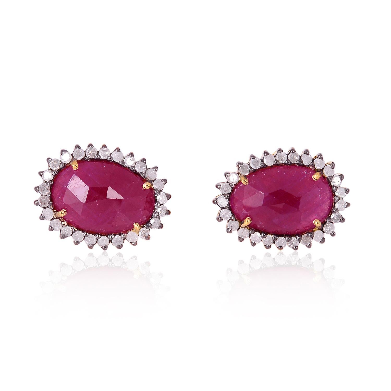 Rose Cut Ruby Diamond Stud Earrings For Sale