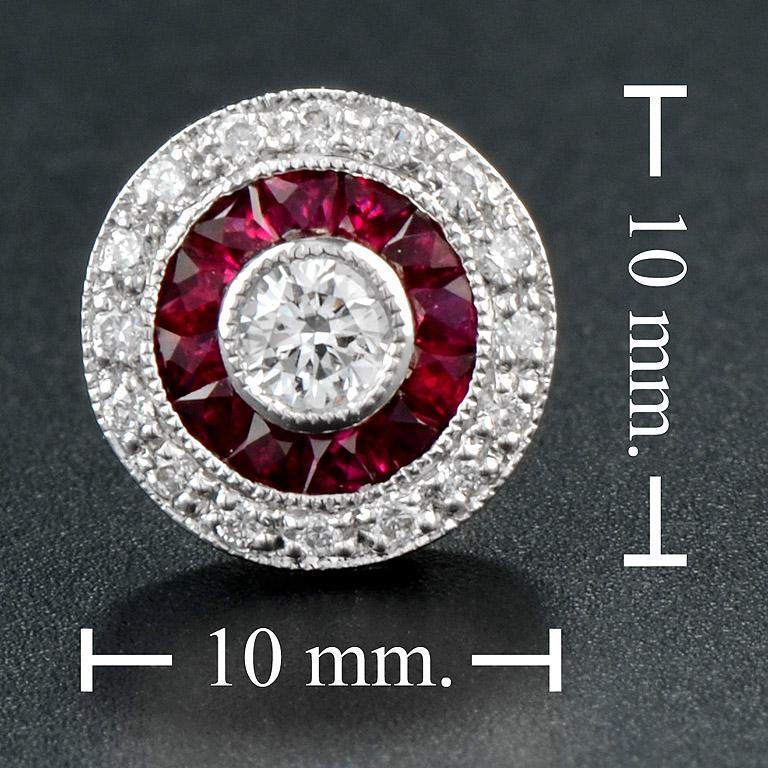 Women's or Men's Art Deco Style Round Cut Diamond with Ruby Stud Earrings in 18K Gold For Sale