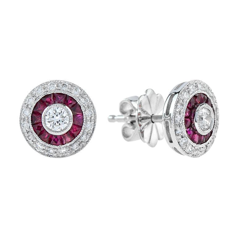 Art Deco Style Round Cut Diamond with Ruby Stud Earrings in 18K Gold