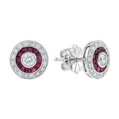Clous d'oreilles de style Art déco en or 18 carats avec diamants taille ronde et rubis