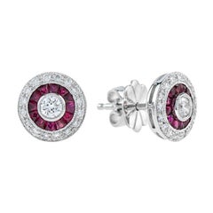 Art Deco Style Round Cut Diamond with Ruby Stud Earrings in 18K Gold