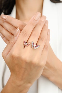 Ruby Diamond Studded Flying Butterflies Open Midi Ring in 18k Solid Rose Gold