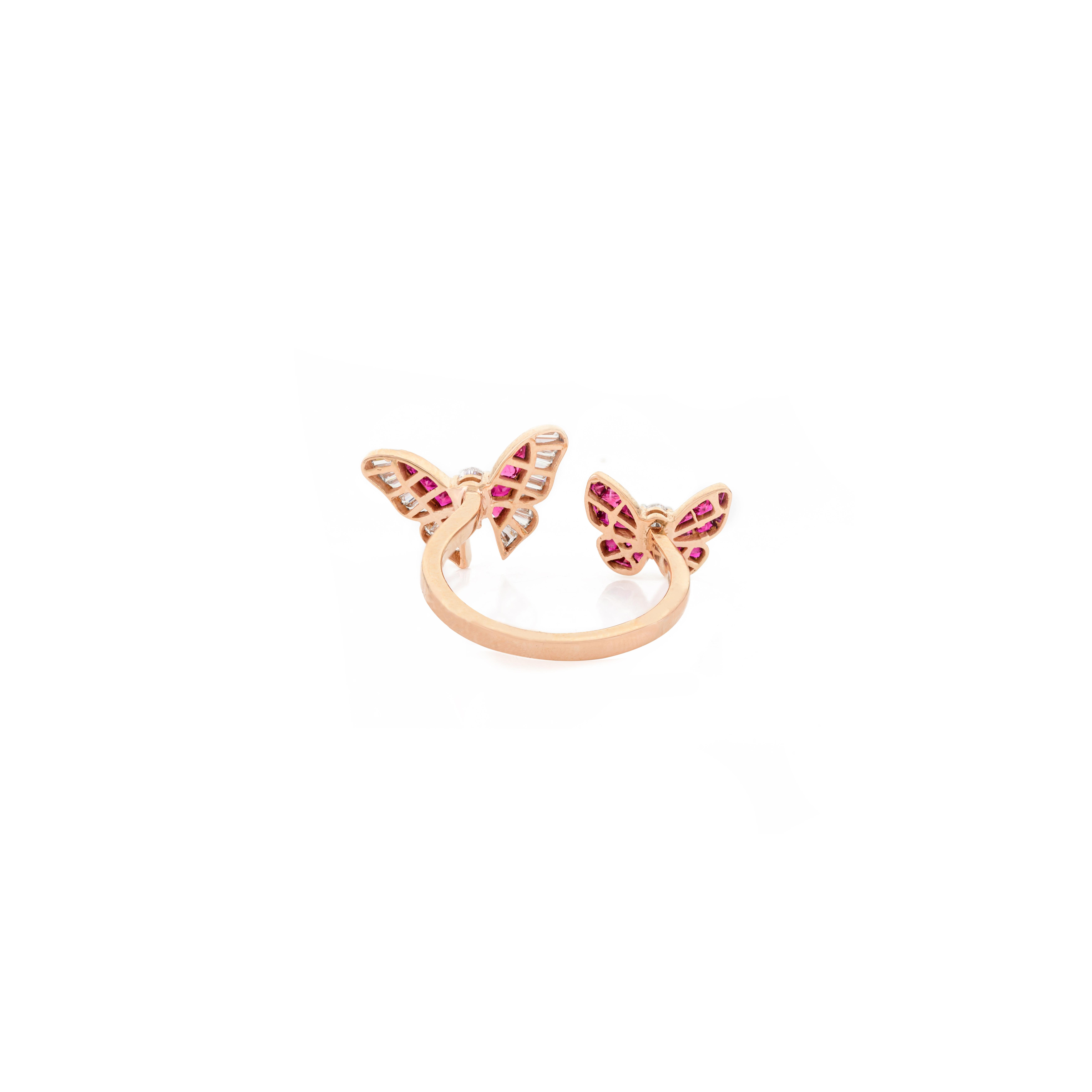 For Sale:  Ruby Diamond Studded Flying Butterflies Open Midi Ring in 18k Solid Rose Gold 5