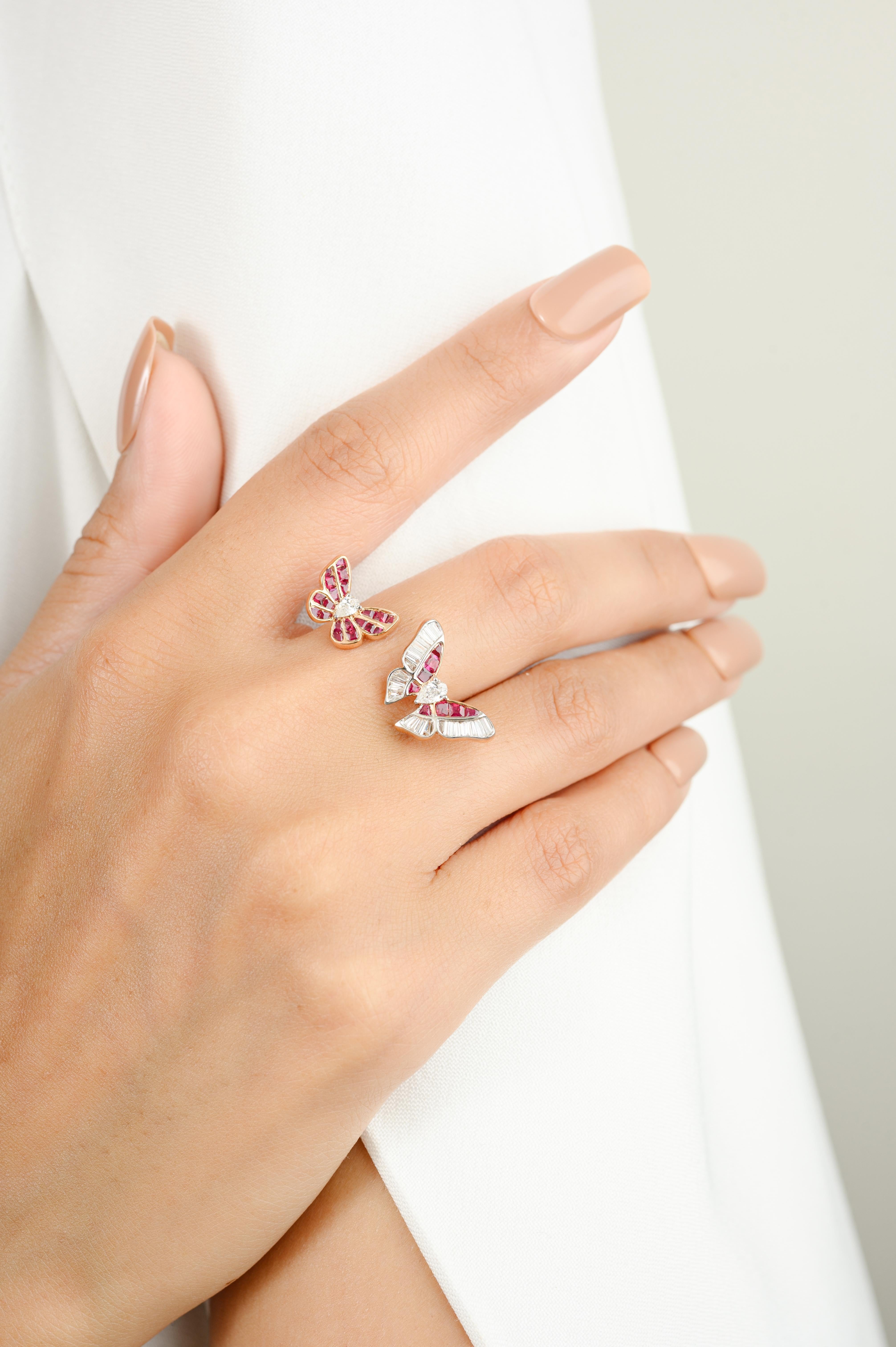 For Sale:  Ruby Diamond Studded Flying Butterflies Open Midi Ring in 18k Solid Rose Gold 6