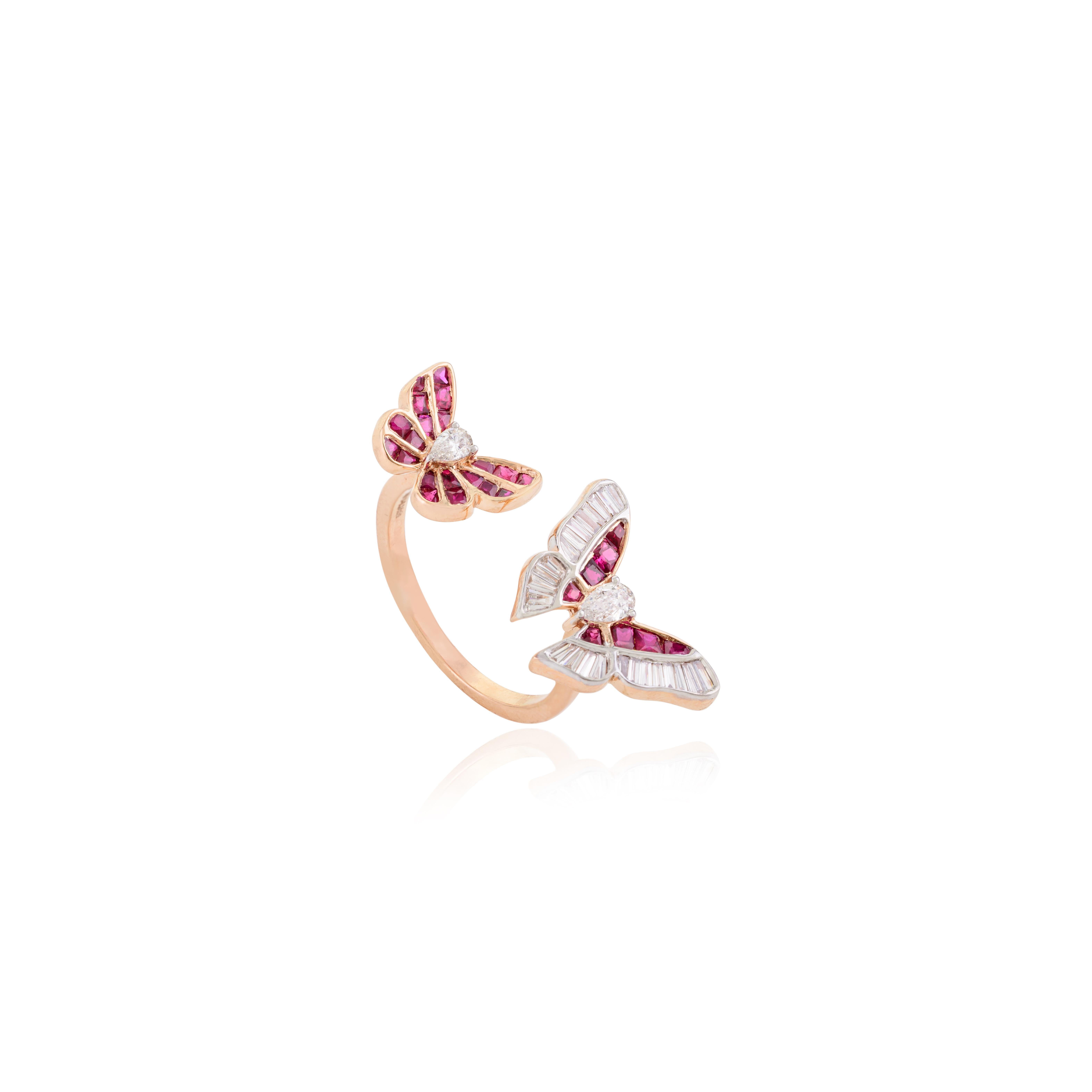 For Sale:  Ruby Diamond Studded Flying Butterflies Open Midi Ring in 18k Solid Rose Gold 7
