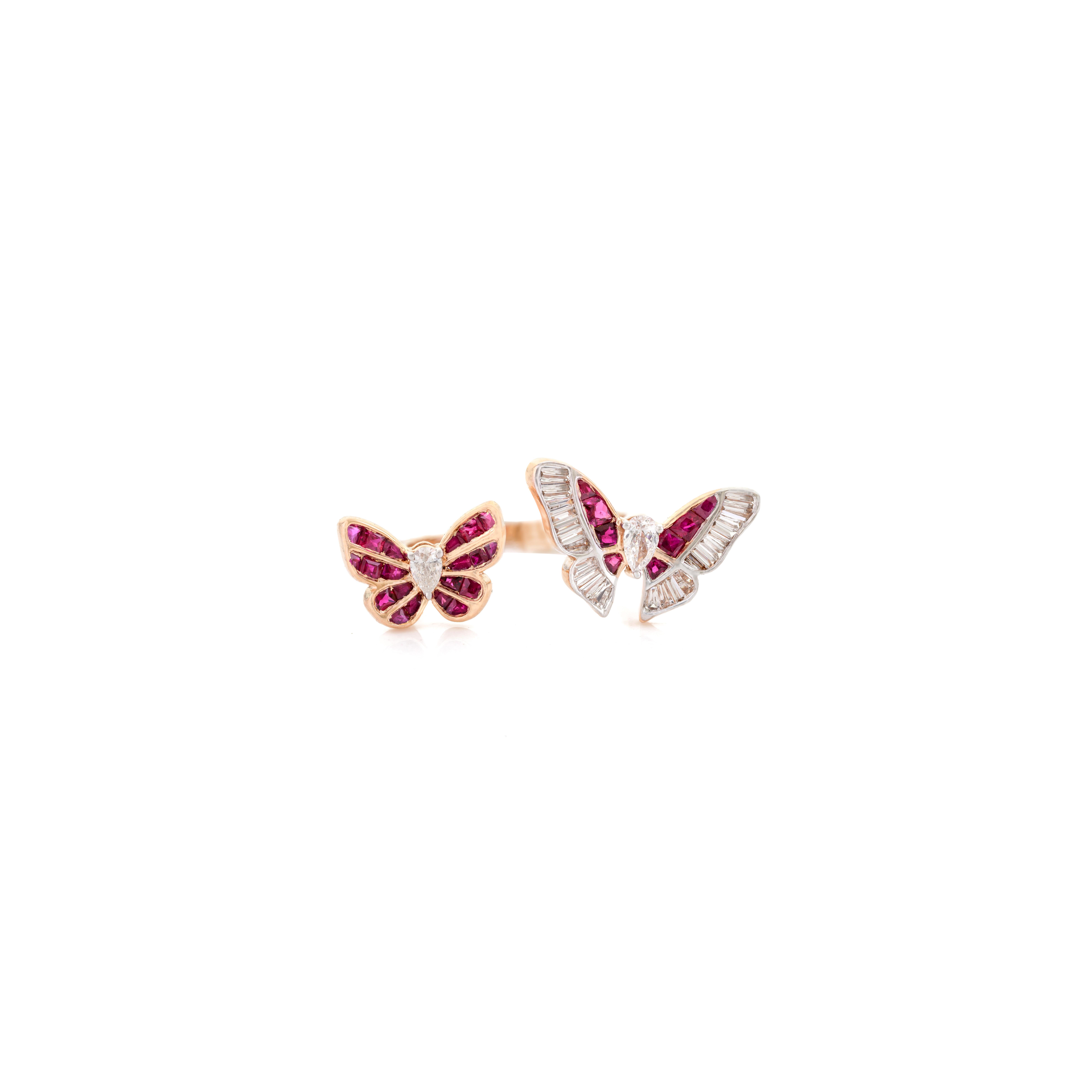 For Sale:  Ruby Diamond Studded Flying Butterflies Open Midi Ring in 18k Solid Rose Gold 8