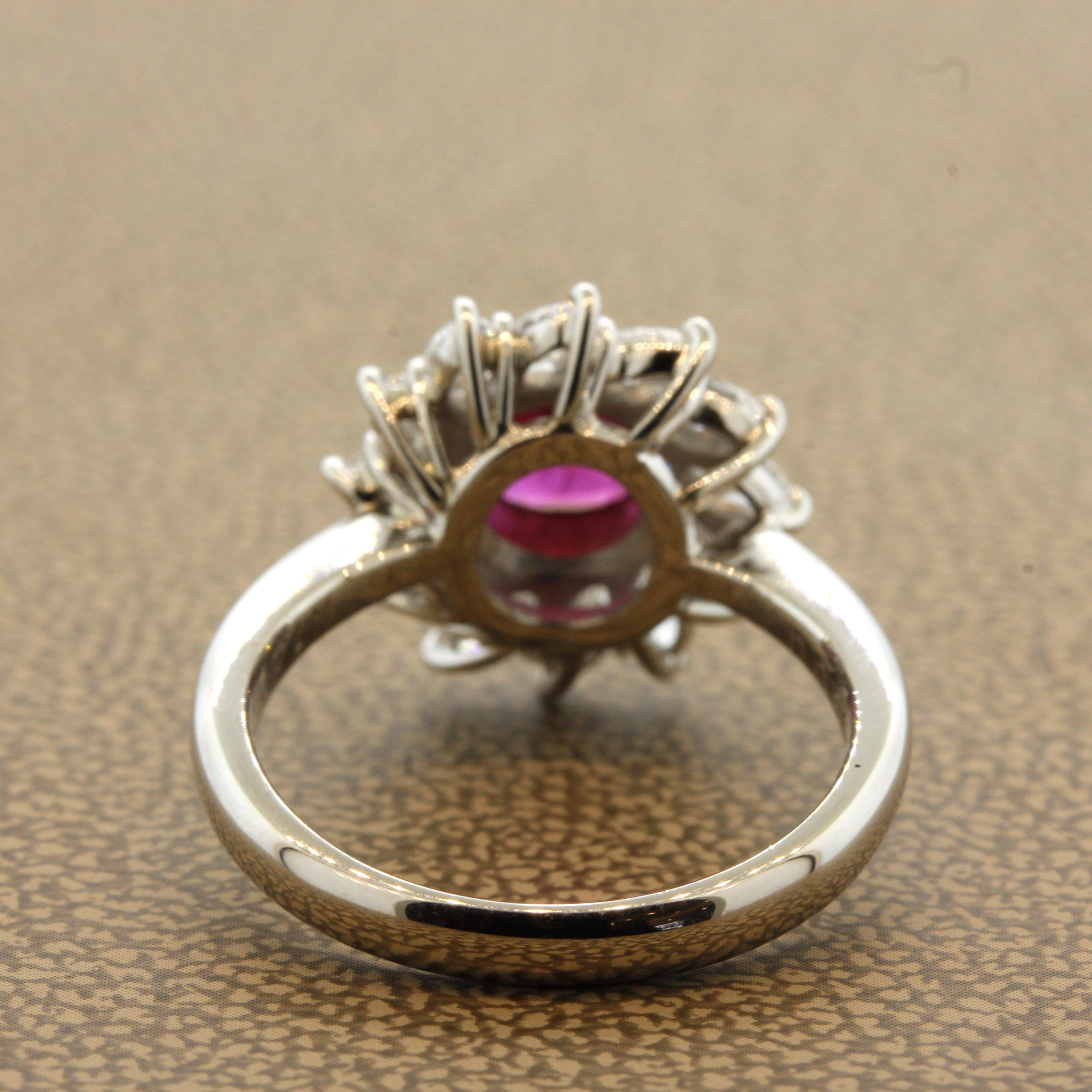 Ruby Diamond Sunburst Platinum Ring In New Condition For Sale In Beverly Hills, CA