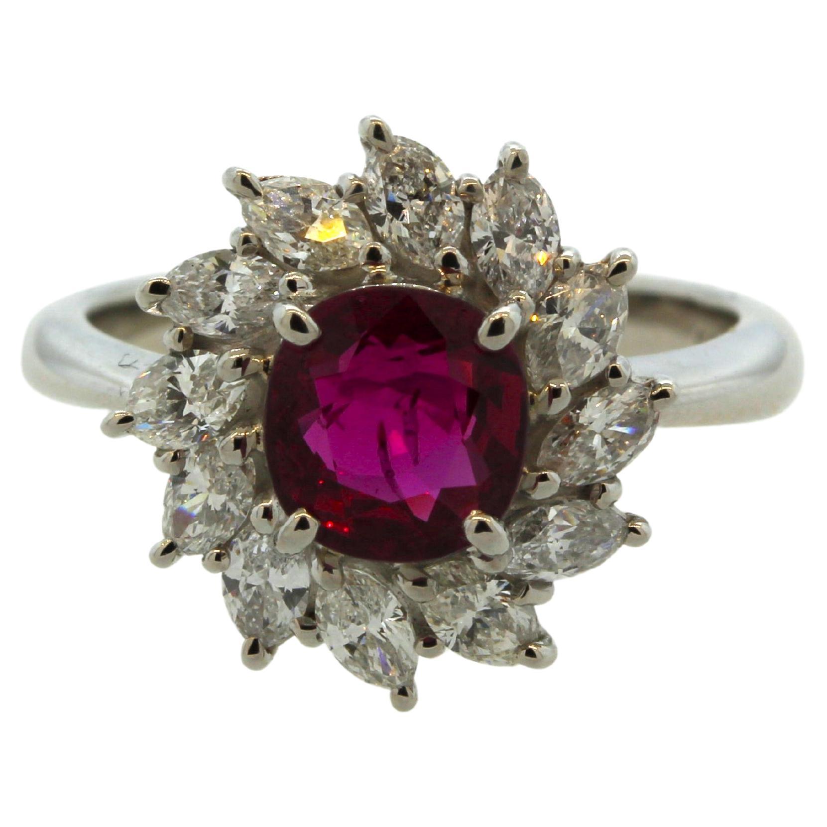 Ruby Diamond Sunburst Platinum Ring