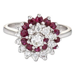 Ruby Diamond Swirl Ring Vintage 14k White Gold Cluster Estate Fine Jewelry