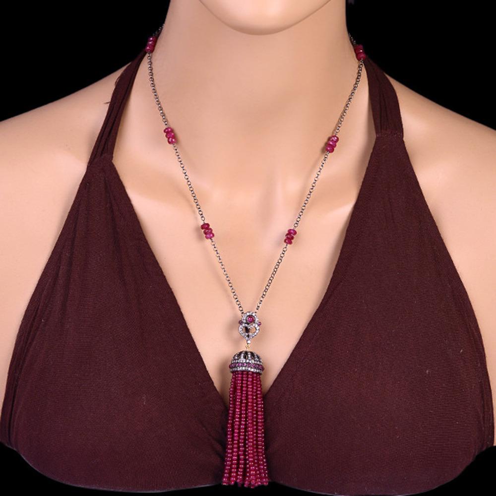Art Nouveau Ruby & Diamond Tassel Necklace Made In 18k Gold & Silver For Sale