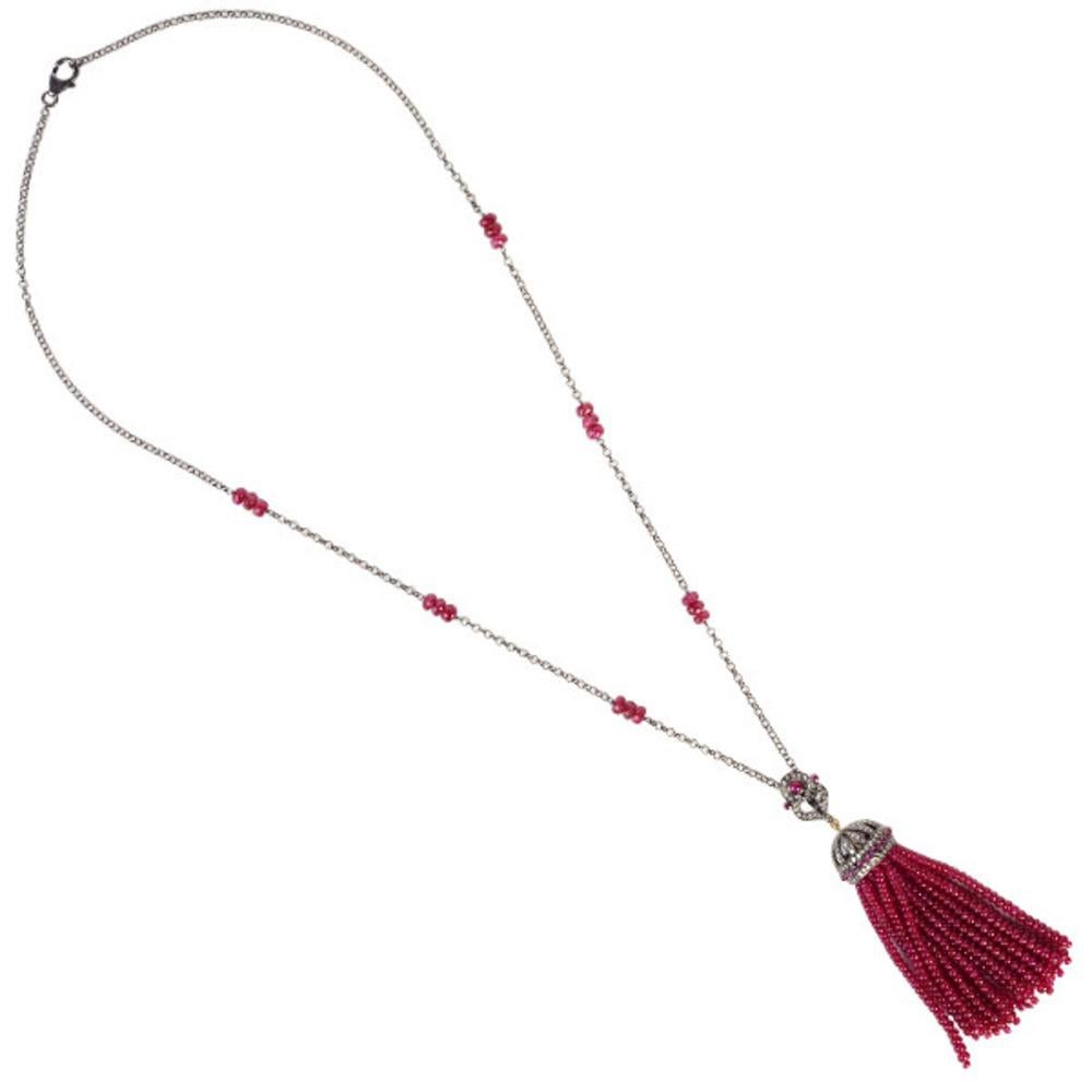 Mixed Cut Ruby & Diamond Tassel Necklace Made In 18k Gold & Silver For Sale