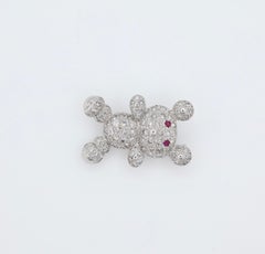Ruby Diamond Teddy Bear Brooch Pin 1.65ct 14K White Gold With Ruby Red Eyes