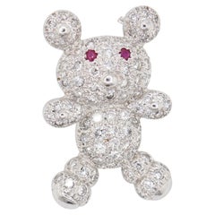 Ruby Diamond Teddy Bear Brooch Pin 1.65ct 14K White Gold With Ruby Red Eyes