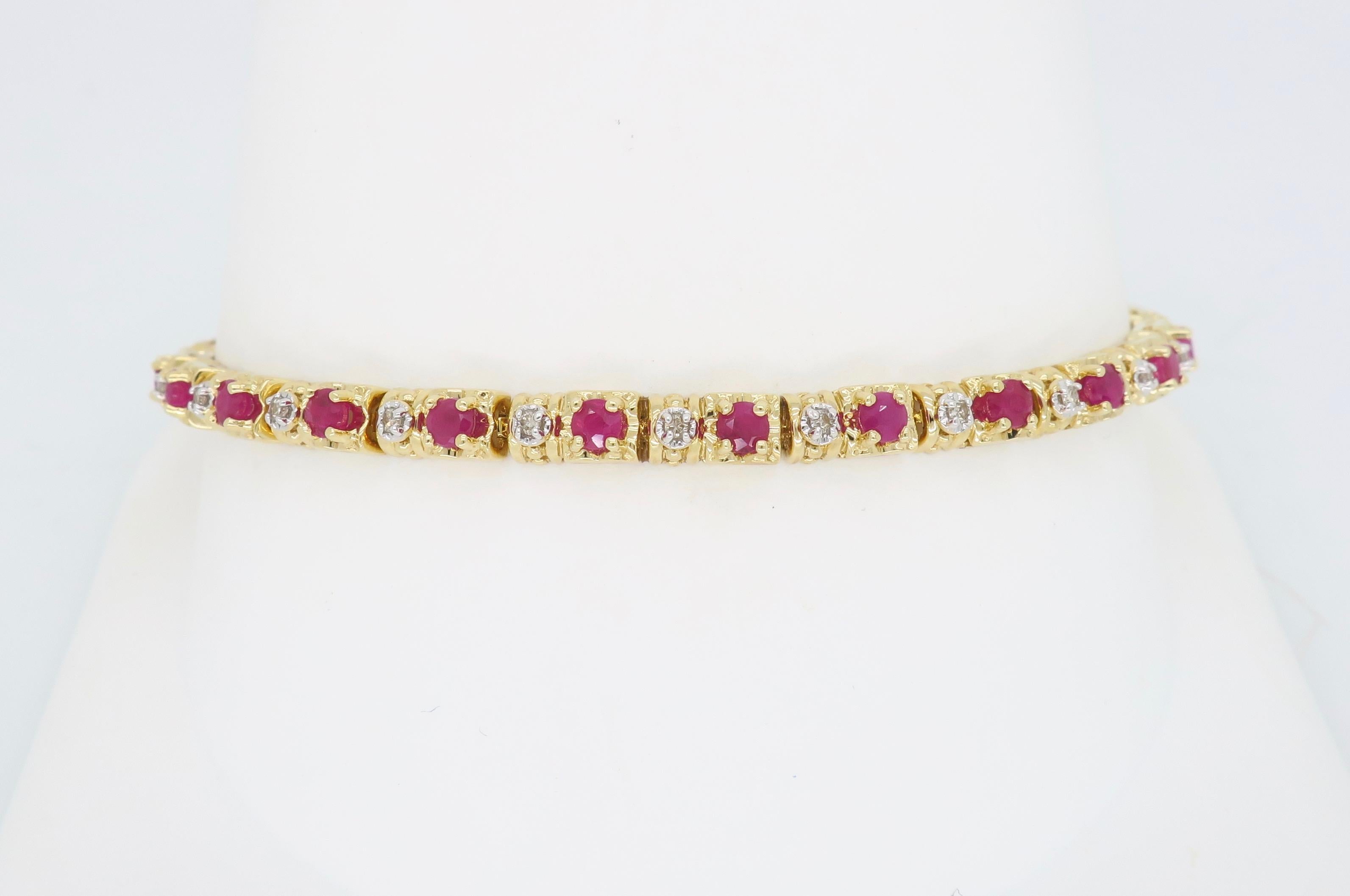 Ruby and diamond tennis bracelet crafted in 14k yellow gold. 

Gemstone: Diamond and Ruby
Gemstone Weight: Approximately 1.68CTW
Diamond Carat Weight: Approximately .15CTW
Diamond Cut: Single Cut Diamonds
Color: Average H-J
Clarity: Average