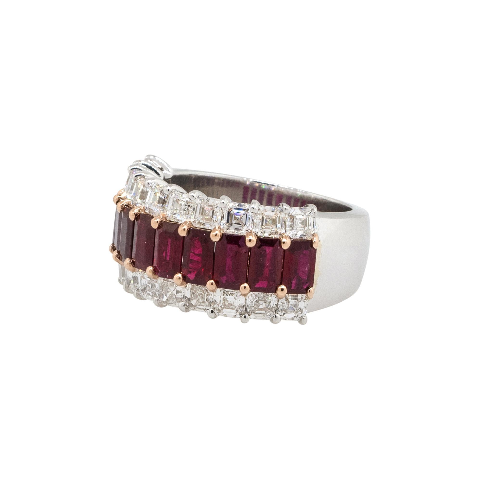 Material: 18k White Gold
Gemstone details: Approx. 3.15ctw of Ruby gemstones
Diamond details: Approx. 2.90ctw of asscher cut Diamonds. Diamonds are G/H in color and VS in clarity
Ring Size: 7
Ring Measurements: 24.5mm x 11.30mm x 23.40mm
Total