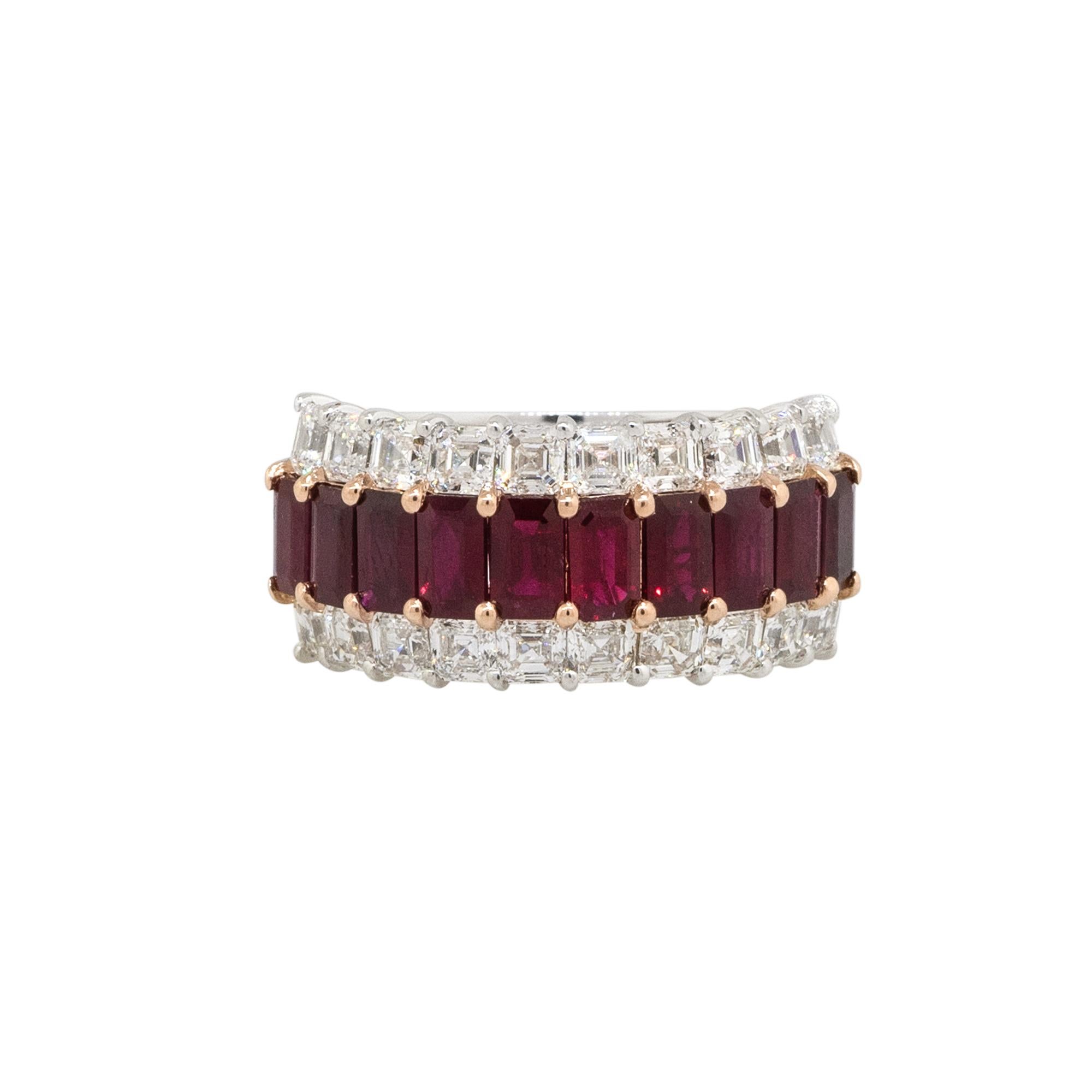 Square Cut Ruby & Diamond Three Row Wide Ring 18 Karat in Stock For Sale