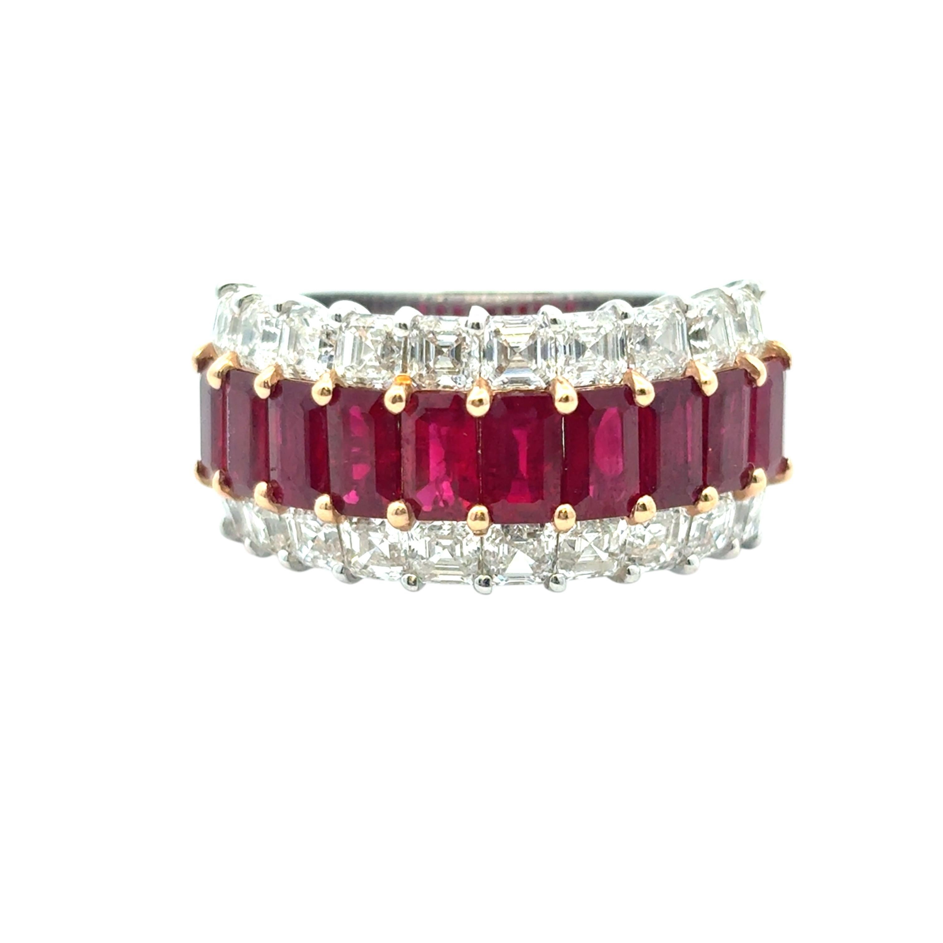 Ruby & Diamond Three Row Wide Ring 18 Karat en stock en vente 1