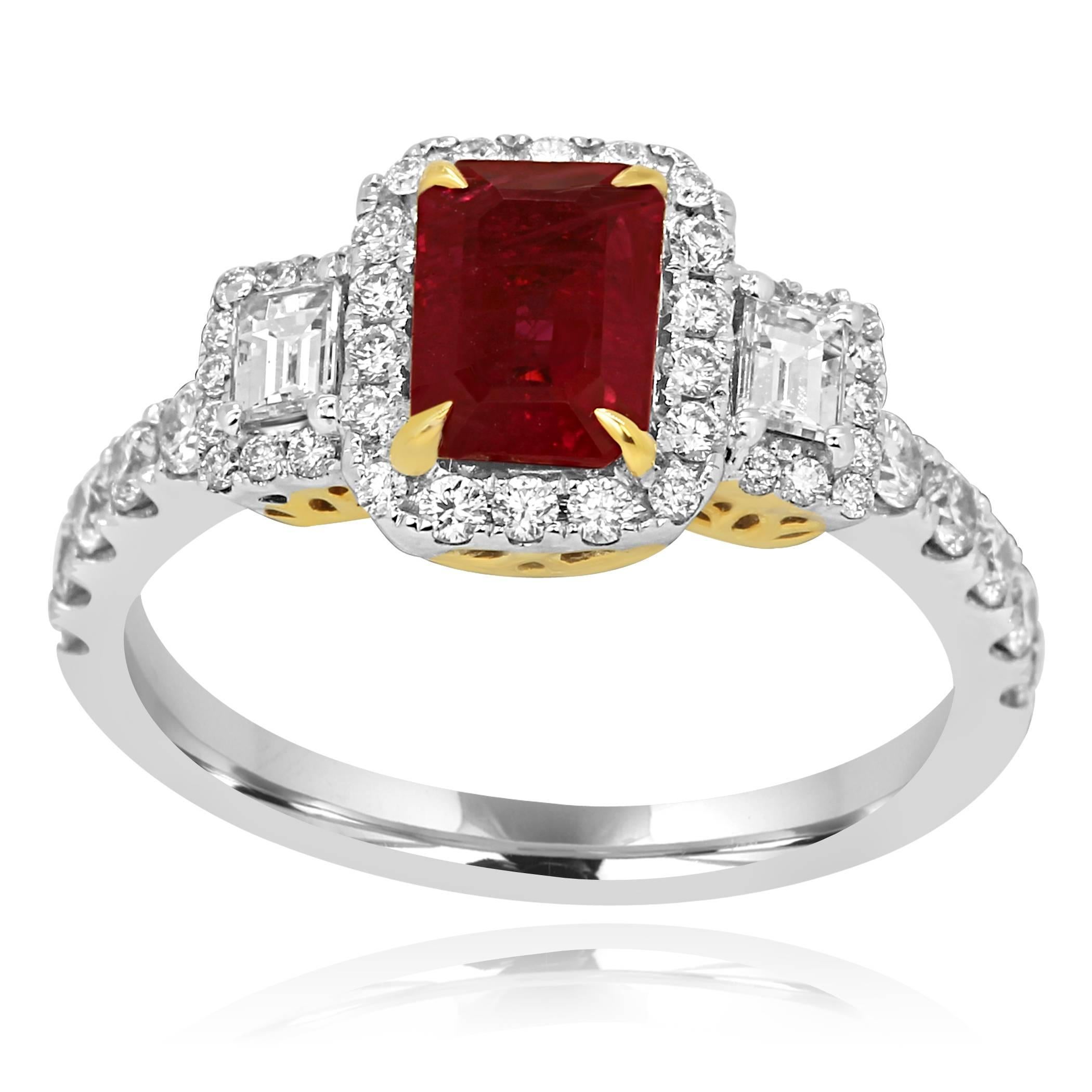 Stunning Ruby Emerald Cut 1.17 Carat Flanked with 2 White Diamond Baguette 0.21 Carat Encircled in a single Halo of White Round Diamonds 0.60 Carat in 18K White and Yellow Gold Bridal Fashion Ring.

Style available in different price ranges. Prices