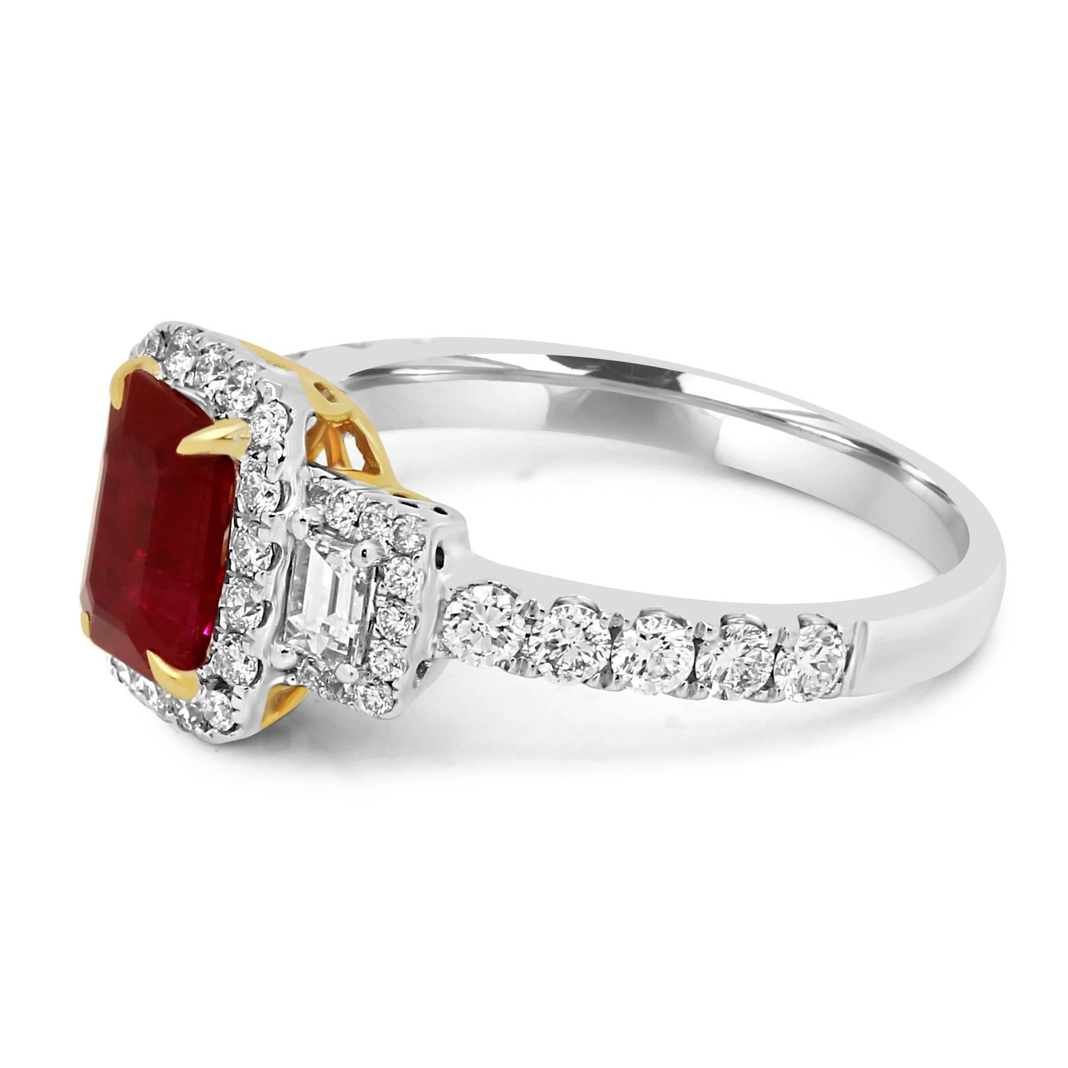 Modern Ruby Diamond Three-Stone Halo Two-Color Gold Bridal Fashion Ring