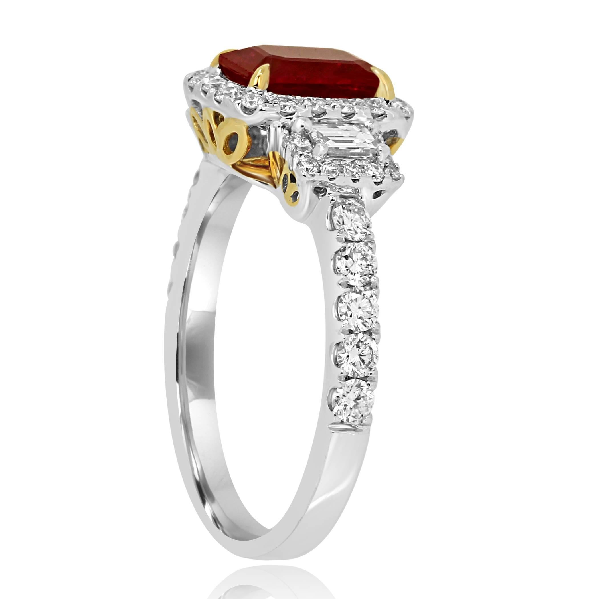 Emerald Cut Ruby Diamond Three-Stone Halo Two-Color Gold Bridal Fashion Ring