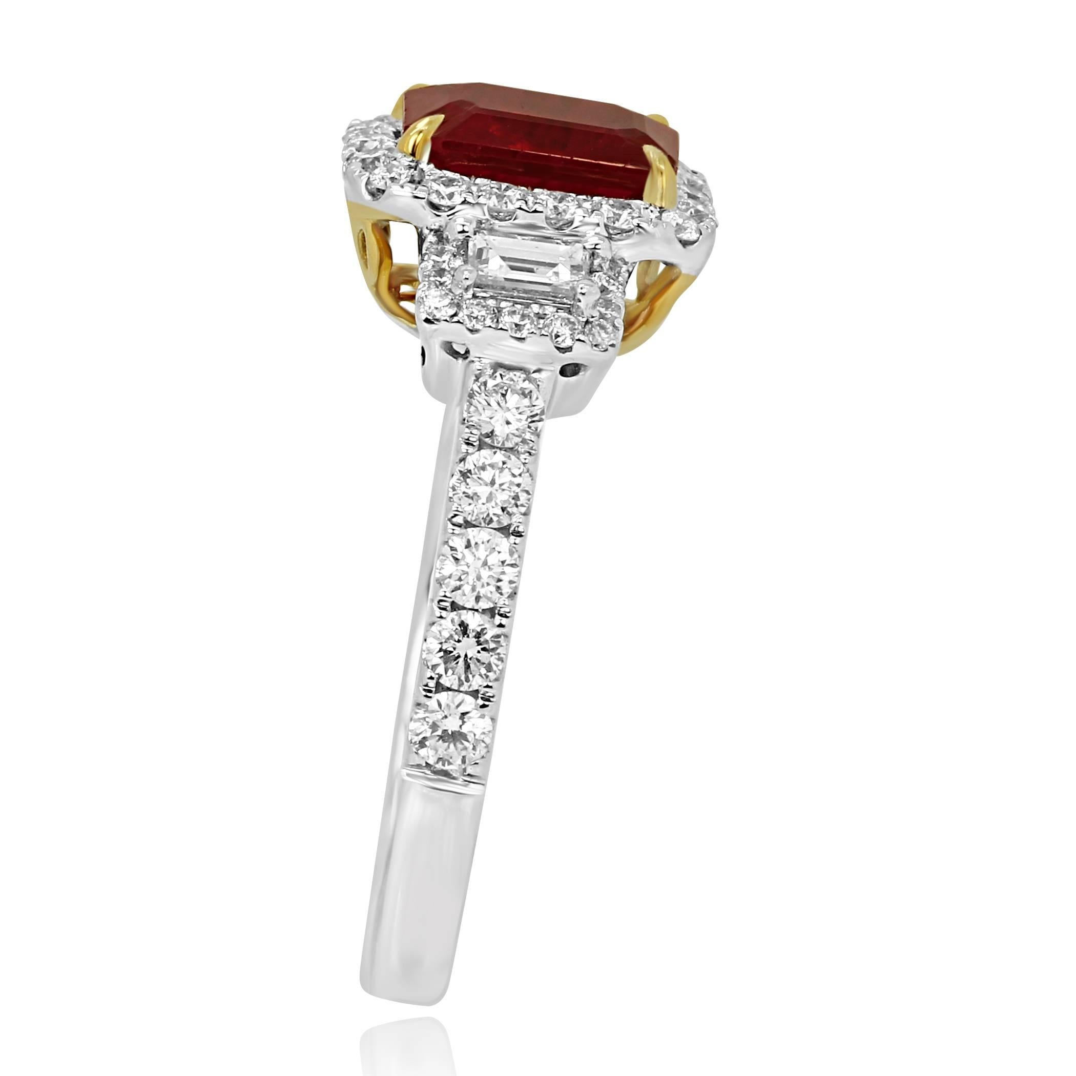 Ruby Diamond Three-Stone Halo Two-Color Gold Bridal Fashion Ring In New Condition In NEW YORK, NY