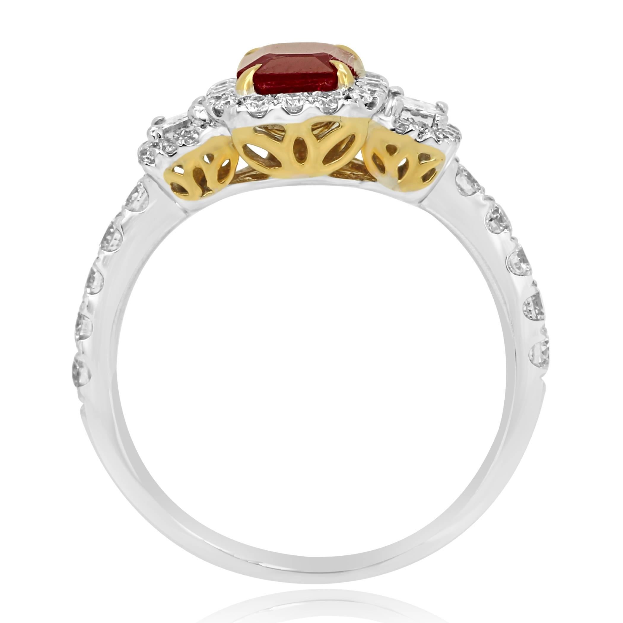 Women's Ruby Diamond Three-Stone Halo Two-Color Gold Bridal Fashion Ring