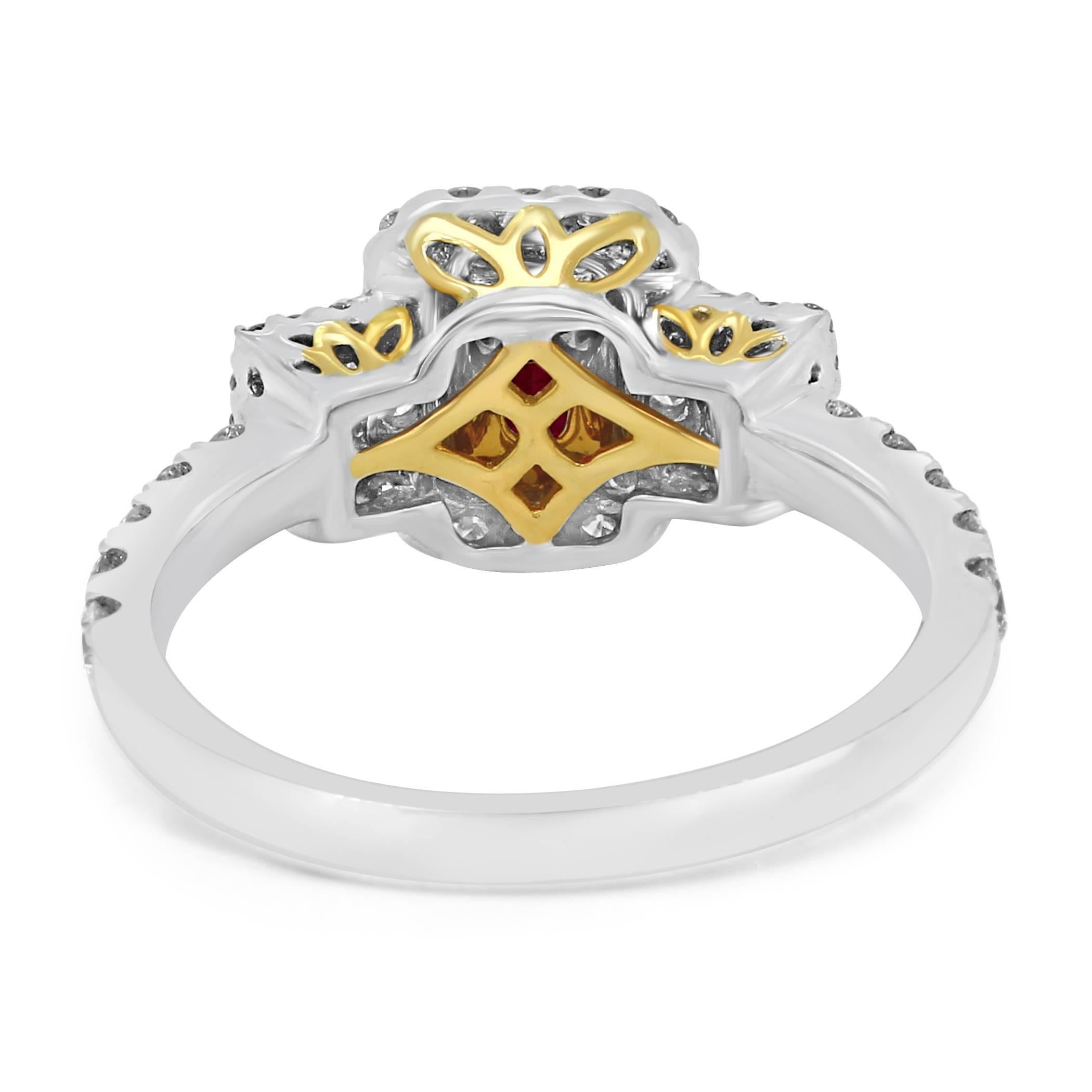 Ruby Diamond Three-Stone Halo Two-Color Gold Bridal Fashion Ring 1