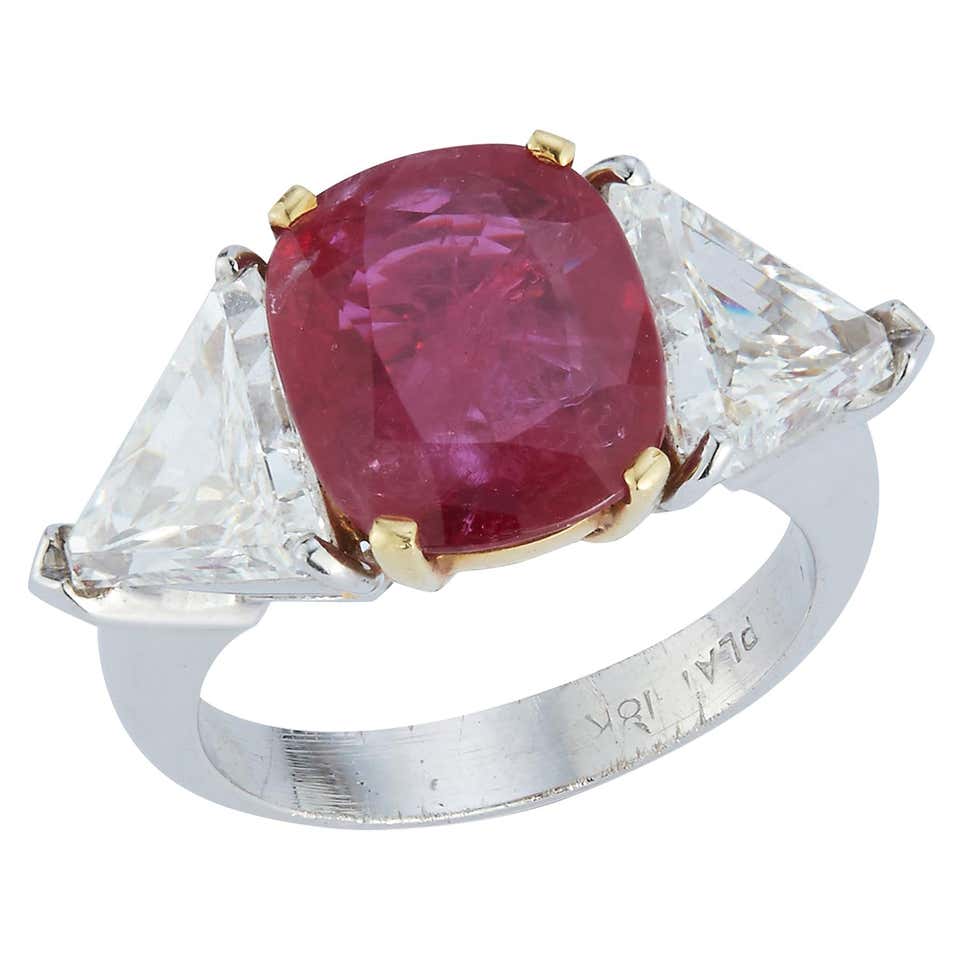 Marquise Shaped Ruby Diamond Three Stone Ring at 1stDibs