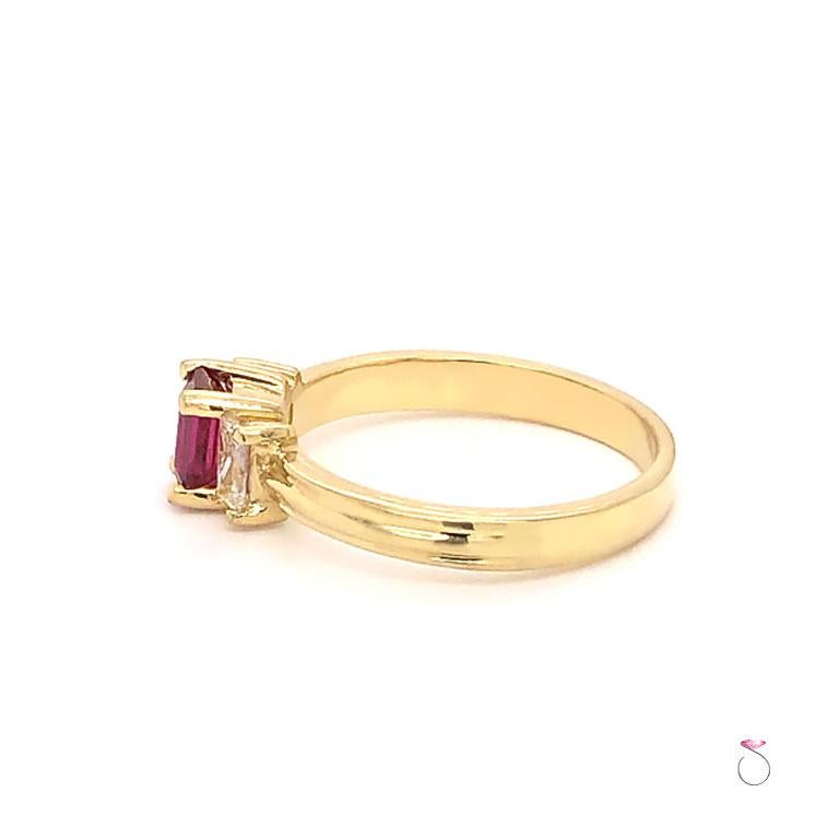 Emerald Cut Ruby and Diamond Three-Stone Ring in 18 Karat Yellow Gold For Sale