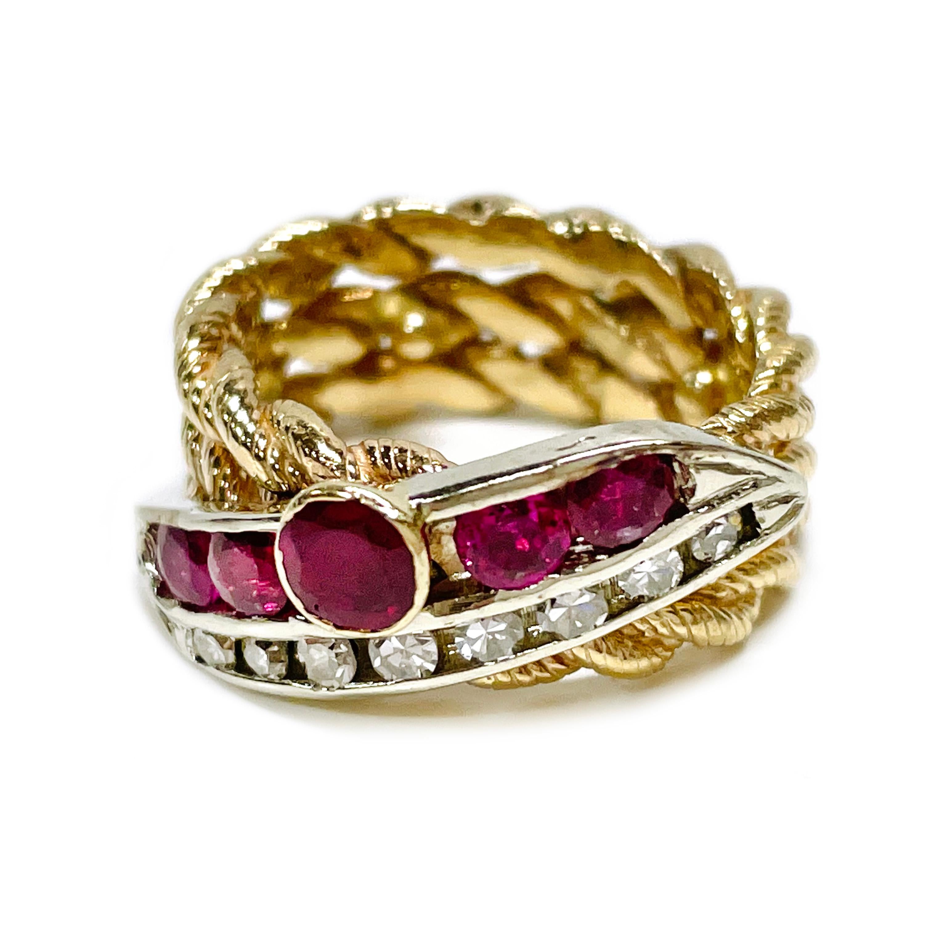 Handmade 14 Karat Yellow and White Gold Ruby Diamond Triple Rope Band Ring. The ring features five round Rubies and eight round diamonds. Three stacked yellow gold rope bands create one wide 8.0mm band. There is a white gold swoosh atop the band