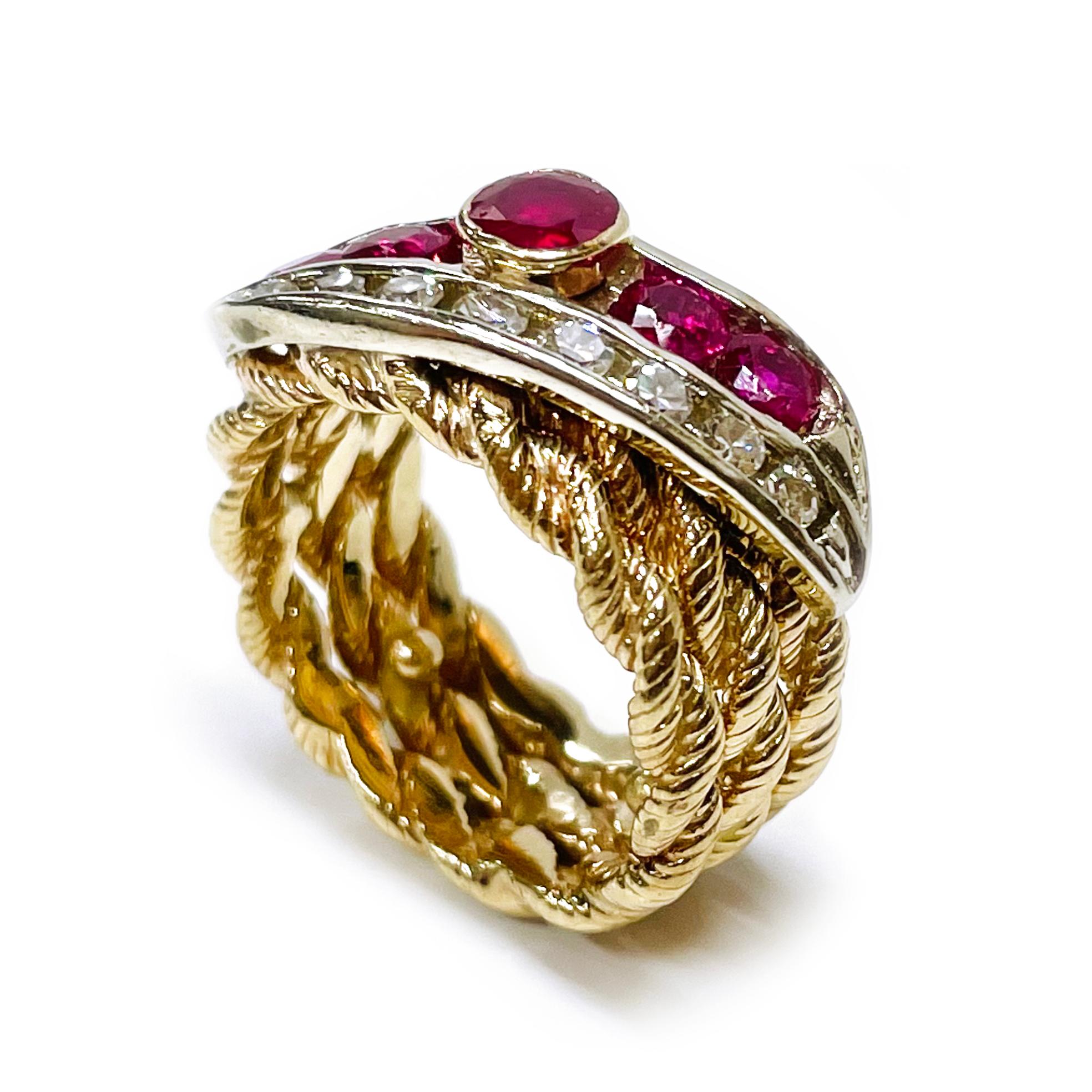 Retro Ruby Diamond Triple Rope Band Ring For Sale
