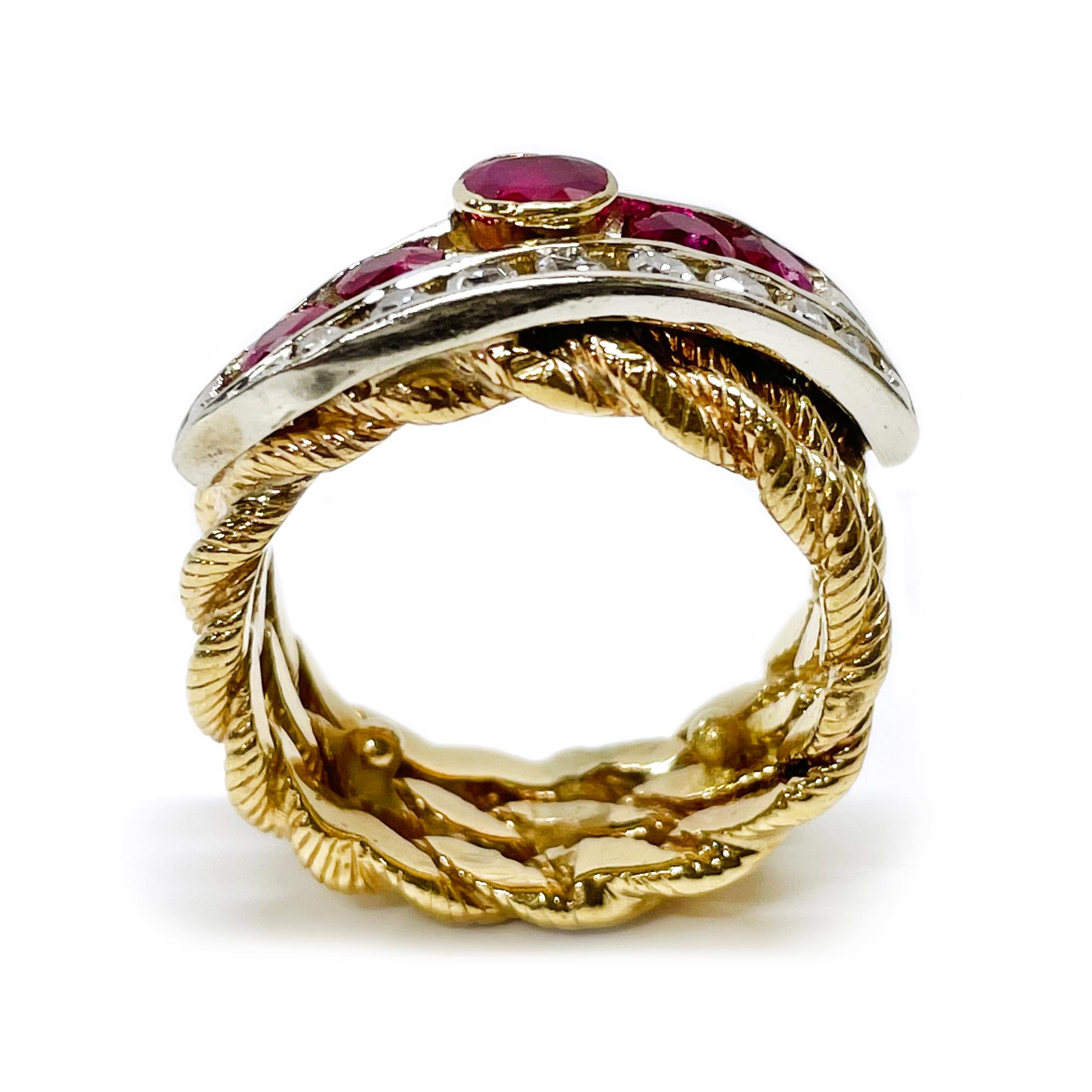 Round Cut Ruby Diamond Triple Rope Band Ring For Sale
