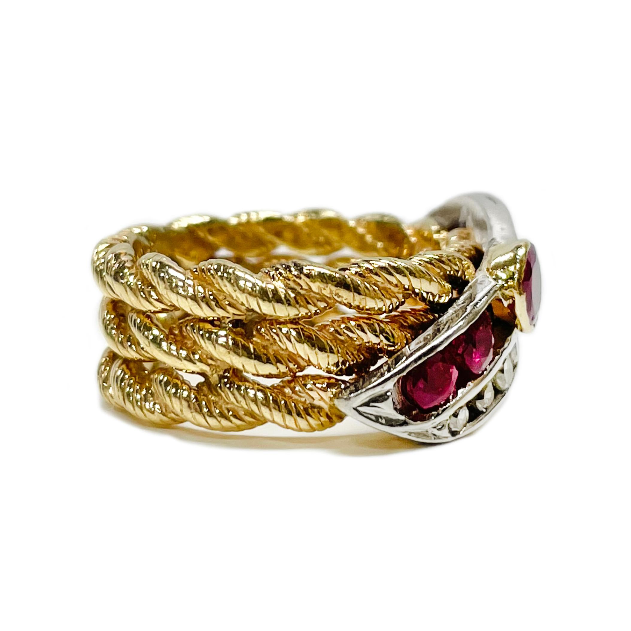 Ruby Diamond Triple Rope Band Ring In Fair Condition For Sale In Palm Desert, CA